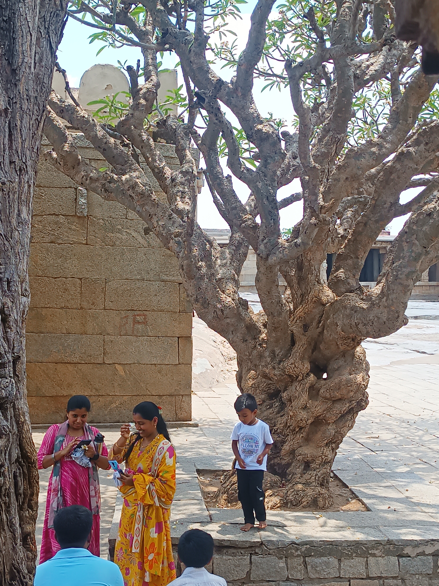 The image shows a daytime scene in the city of Unknown, Unknown, with a group of people near a large, gnarled tree. Two women, one in a pink dress and the other in a yellow floral dress, stand close together and appear to be looking at a phone or a similar electronic device. Partially visible are the backs of two men, one wearing a light blue shirt and the other a light gray shirt. A young boy in a white t-shirt and black pants stands barefoot near the tree. The tree has thick, twisted branches. Behind the group and the tree, there is a stone structure with visible brickwork. The ground is paved with large stone slabs.