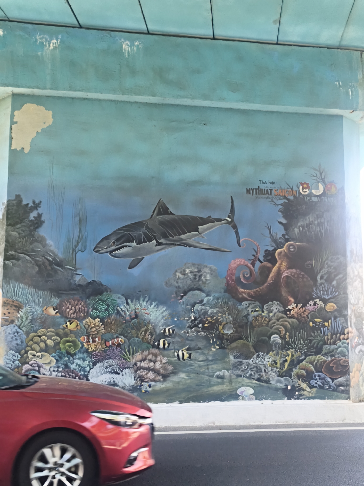 The image depicts a mural painted on the side of a concrete structure, likely a bridge or underpass, in Nha Trang, Vietnam. The mural is an underwater scene featuring a large shark swimming towards the viewer, an octopus with its tentacles curled, and various colorful coral formations and fish. The water is depicted in shades of blue and teal, with some darker rocky outcrops and plants. The top portion of the mural shows a text that reads "Thực hiện MYTHUAT SAIGON www.mythuatsaigon.com TP. NHA TRANG". This indicates that the mural was created by Mythuat Saigon and is located in Nha Trang.
In the foreground of the image, the front portion of a red car is visible, driving past the mural. The car is slightly out of focus due to motion blur, suggesting it is in motion. The environment appears to be an outdoor setting, with a road visible beneath the structure. The concrete structure itself shows signs of wear and tear, with peeling paint and staining, especially on the upper left side. The mural is vibrant and detailed, providing a stark contrast to the weathered concrete. The lighting suggests it is daytime, with some sunlight reflecting off the car.