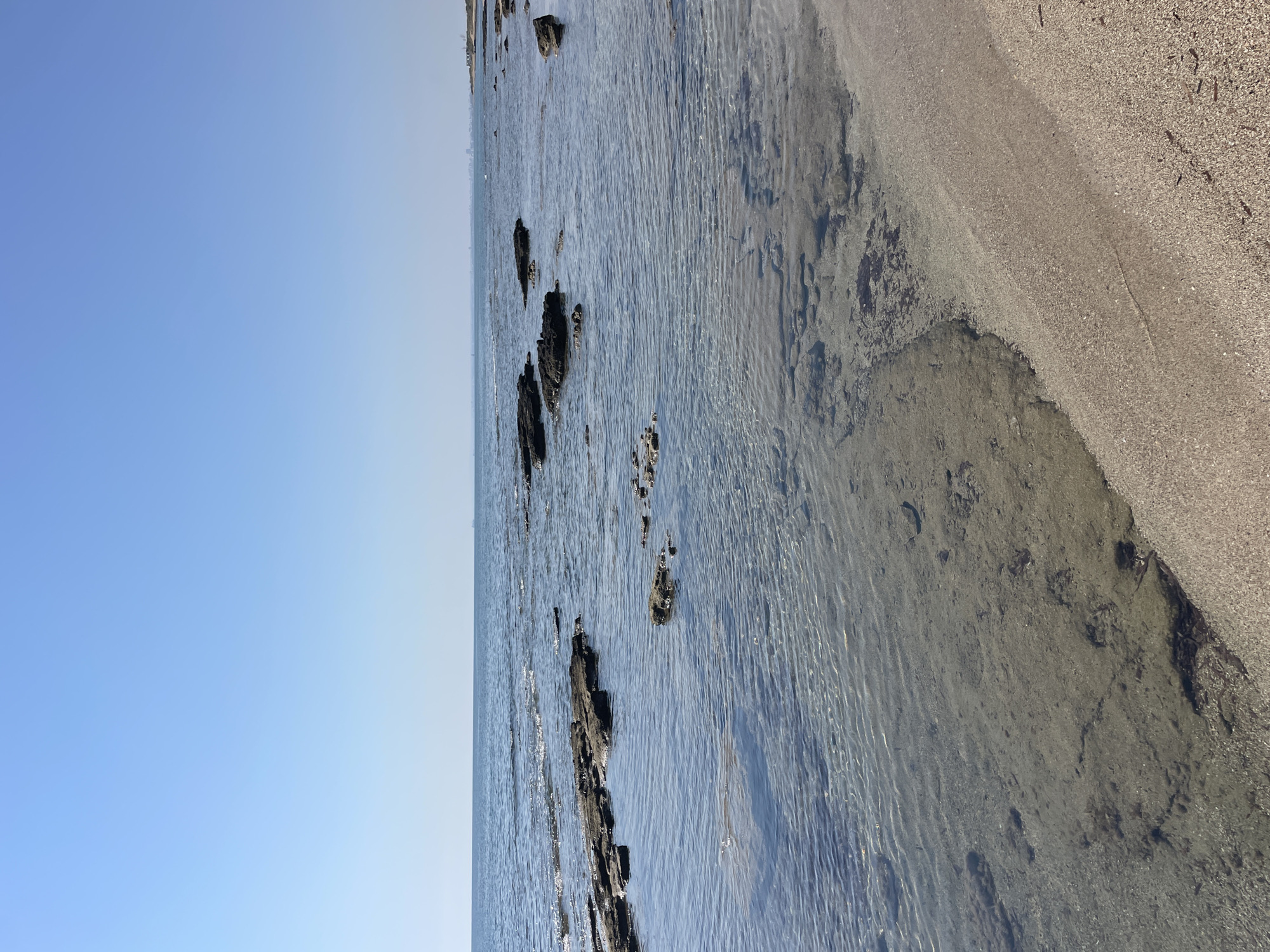 The image depicts a serene coastal scene with the calm, clear waters of the Mediterranean Sea gently lapping against a sandy shore. Scattered rocks emerge from the water, creating small natural pools and breaking the surface of the sea. The seabed is visible through the translucent water, revealing sandy patches and some darker underwater vegetation. The sky is a clear, pale blue, indicating a sunny day. In the distance, a faint, hazy line of buildings suggests a coastline settlement, possibly part of Agios Sergios, Northern Cyprus. The overall impression is one of tranquility and natural beauty.