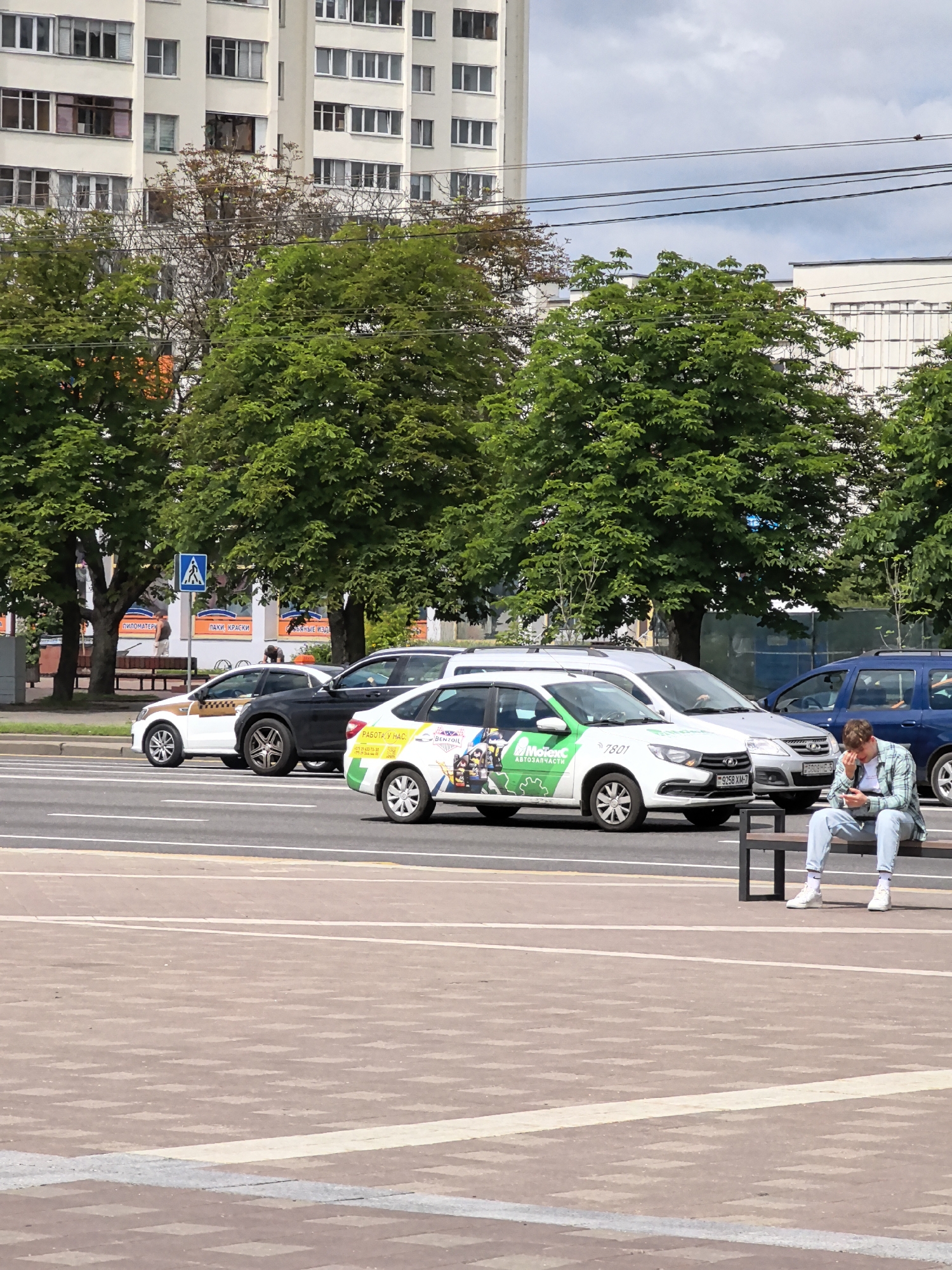 An eye-level, medium shot captures a street scene in an unknown city. In the foreground, a person sits on a dark bench, engrossed in their phone. The individual wears a plaid shirt, light-colored jeans, and white sneakers. Behind them, a road is visible with several cars, including a white and black taxi, a silver car, and a blue minivan. A white taxi with green and black decals is also parked on the road. Trees line the street, their green leaves providing shade. In the background, a tall, light-colored apartment building rises above the trees. A pedestrian crossing sign with a blue background and a white silhouette of a person is visible on the left side of the image. The sky is cloudy.