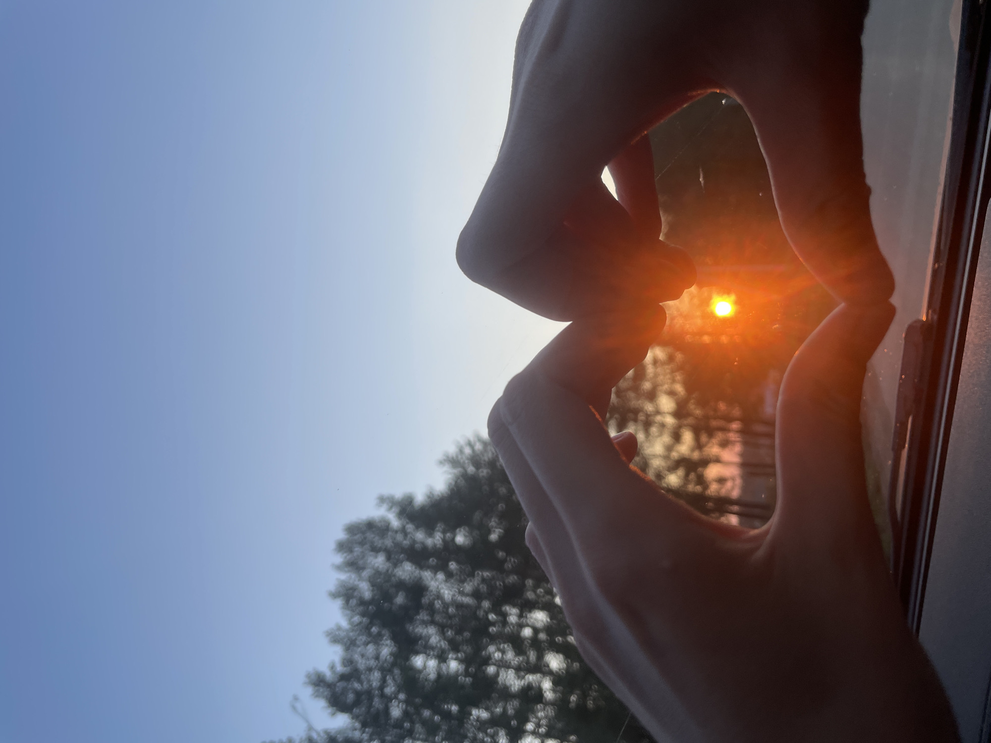 The image shows two hands forming a shape, likely a heart, around the setting sun. The sun appears as a bright orange orb. In the background, a tree is visible, blurred due to the focus being on the sun and hands. The sky is a light blue, transitioning to orange near the horizon. The photo appears to be taken through a window or some transparent surface. The location in the city of Подшивалово, Russia cannot be confirmed based on the image alone. There are no people visible other than the hands.