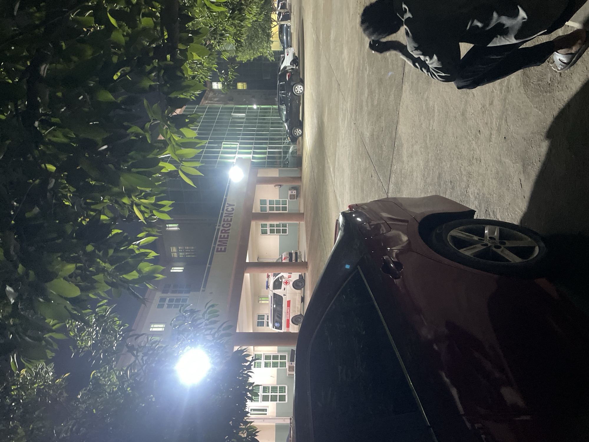 The image depicts the entrance of an "EMERGENCY" ward at night, likely in Abuja, Nigeria. A dark red sedan is parked in the foreground on the left, its side and wheel visible. To the right, a person is seen from behind, crouched down, seemingly holding a cigarette and looking towards the building. In the background, an ambulance with its lights flashing is parked under the covered entrance of the hospital. Several other vehicles, including a black SUV and other cars, are parked in the lot. The building has large glass windows and is illuminated by exterior lights. Trees with dense foliage are present in the foreground, casting shadows. The ground is paved concrete.