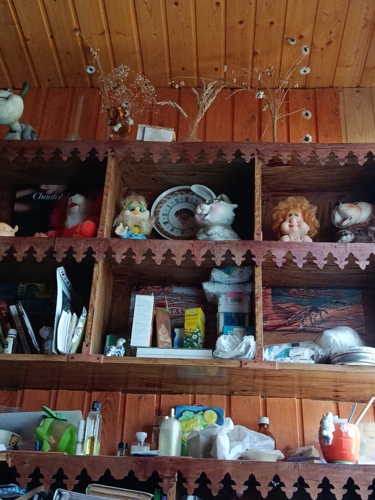 The image depicts a rustic wooden shelf filled with various decorative objects and trinkets. The shelves are made of dark wood with intricate carved detailing along the edges, suggesting a handcrafted or vintage aesthetic.
On the top shelf, a pale green stuffed figure with large ears is visible on the left. To its right, a dried floral arrangement featuring small white flowers and some darker elements sits in a vase.
The second shelf down is divided into compartments. In the leftmost compartment, a black book with "Chantal" written in white script is propped up, with a red-and-white stuffed toy behind it. The next compartment holds a smiling cartoonish yellow bird figurine with a beard and blue overalls. Next to that is a circular object resembling a clock face with a brown, segmented design. In the far right compartment of this shelf, a round, pale-skinned figurine with orange, curly hair and a smiling expression is placed. To its right, a brown teddy bear with large ears and a protruding jaw is visible.
The third shelf is also divided into compartments. The leftmost compartment contains various books, papers, and what appears to be a white folder or notebook. A small, white turtle figurine rests on the shelf in the middle of this compartment. The middle compartment contains several stacked boxes and packages, including one with a yellow background and text. To the right of these, a small white figurine of a bird is perched. The rightmost compartment displays a landscape painting with horses or similar animals in a desert-like setting.
The bottom shelf holds a variety of bottles and other items. A bright green frog-shaped object is on the left, followed by several glass bottles of different sizes and colors. A small black bottle and a clear container with a white lid are also present. On the far right, an orange ceramic holder shaped like an apple is filled with blue and white straws, and a small white figurine sits inside.
The background is composed of vertical wooden planks, typical of a cabin or rustic interior. The overall scene suggests a collection of personal items displayed in a home environment.
The image is located in Alferovo, Russia.