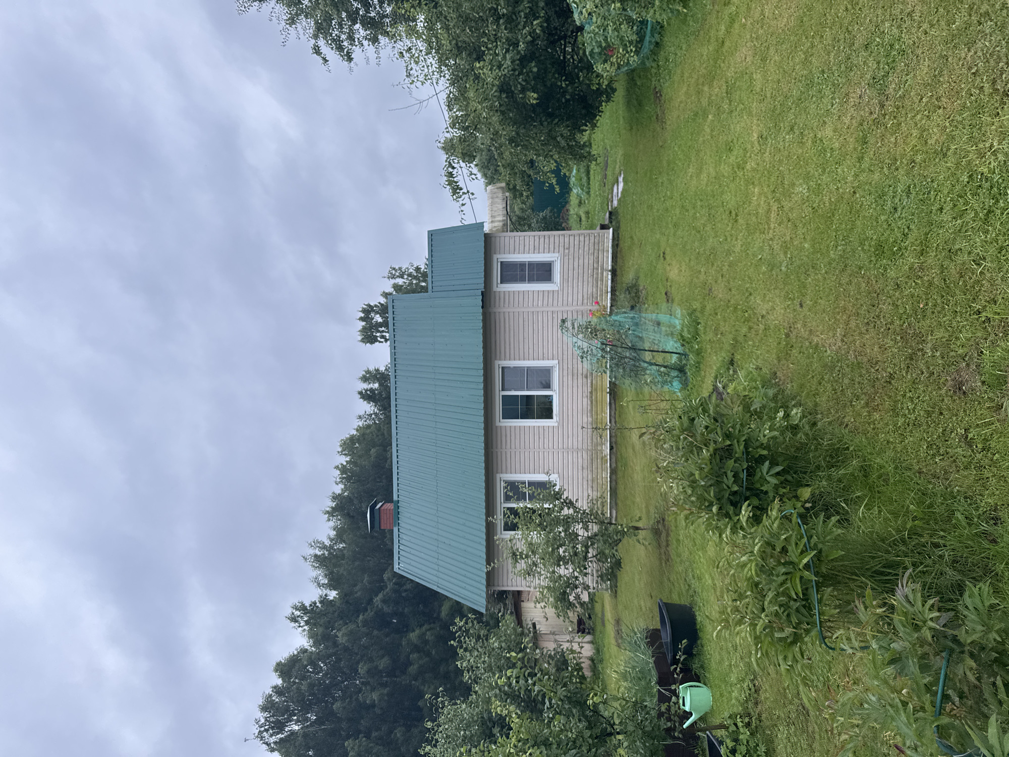 The image depicts a residential house with a green metal roof and beige siding, situated in a rural environment. The house has two visible windows on its front facade and a chimney with a red cap. The surrounding area is a grassy yard with various plants, bushes, and trees. There are also gardening accessories such as a green watering can and a black tub. The sky is overcast. The location is identified as Красное, Russia.