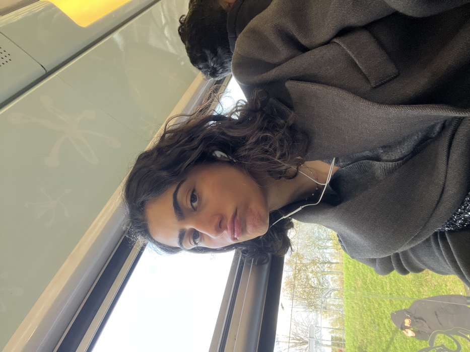 The image depicts the interior of a commuter train, likely an RER, located within or passing through the city of Torcy, France.
A young adult female is prominently featured in a close-up, appearing to take a selfie or be photographed. She has dark, wavy hair and dark eyebrows, and is looking directly at the camera with a pouting expression, her lips puckered. She wears a dark grey or charcoal-colored coat over a grey textured top and has white wired earbuds in her ears, with the wire draped across her chest. A faint necklace is visible. In the upper right background, partially obscured by the main subject, the back of another individual's head and shoulder are visible; this person has dark, curly hair and is wearing dark clothing.
The train interior features a light-colored window frame with a black horizontal strip. The ceiling above the window is light mint green with white, stylized, abstract patterns resembling stars or floral motifs. A yellow light fixture is visible in the upper right corner of the ceiling. Through the window, an exterior scene is visible: a green grassy embankment, sparse trees with varying degrees of foliage indicating early spring, and a metal fence or barrier structure. An indistinct white sign or object is blurred in the distance. A dark, stylized silhouette, resembling a hooded figure, is visible as a sticker or reflection on the lower left portion of the window. A small section of a black sequined object, possibly a bag, is visible below the main subject's arm on the left.
