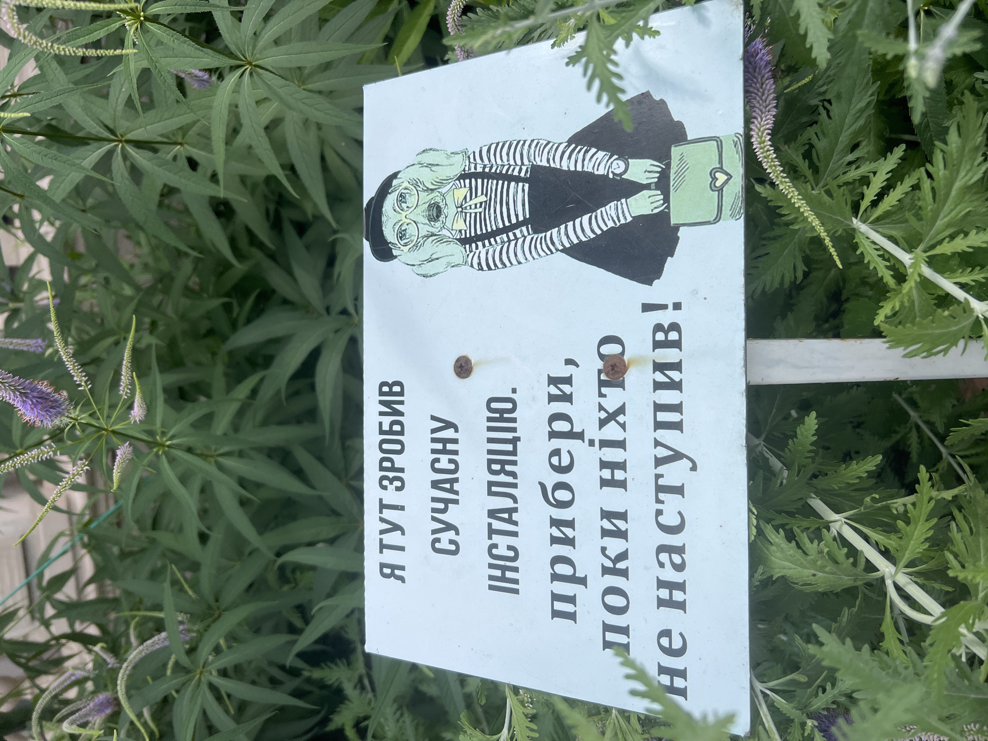 A white sign with black text and a cartoon drawing of a dog stands in a green garden. The dog is wearing glasses, a hat, a striped shirt, overalls, and a skirt, and is holding a purse. The sign reads, in Ukrainian, "I have made a modern installation here. Please tidy up before someone steps on it!". The sign is attached to a white metal pole. The garden is filled with green foliage and some purple flowers. The image appears to be taken on a sunny day. There are no people visible in the image.