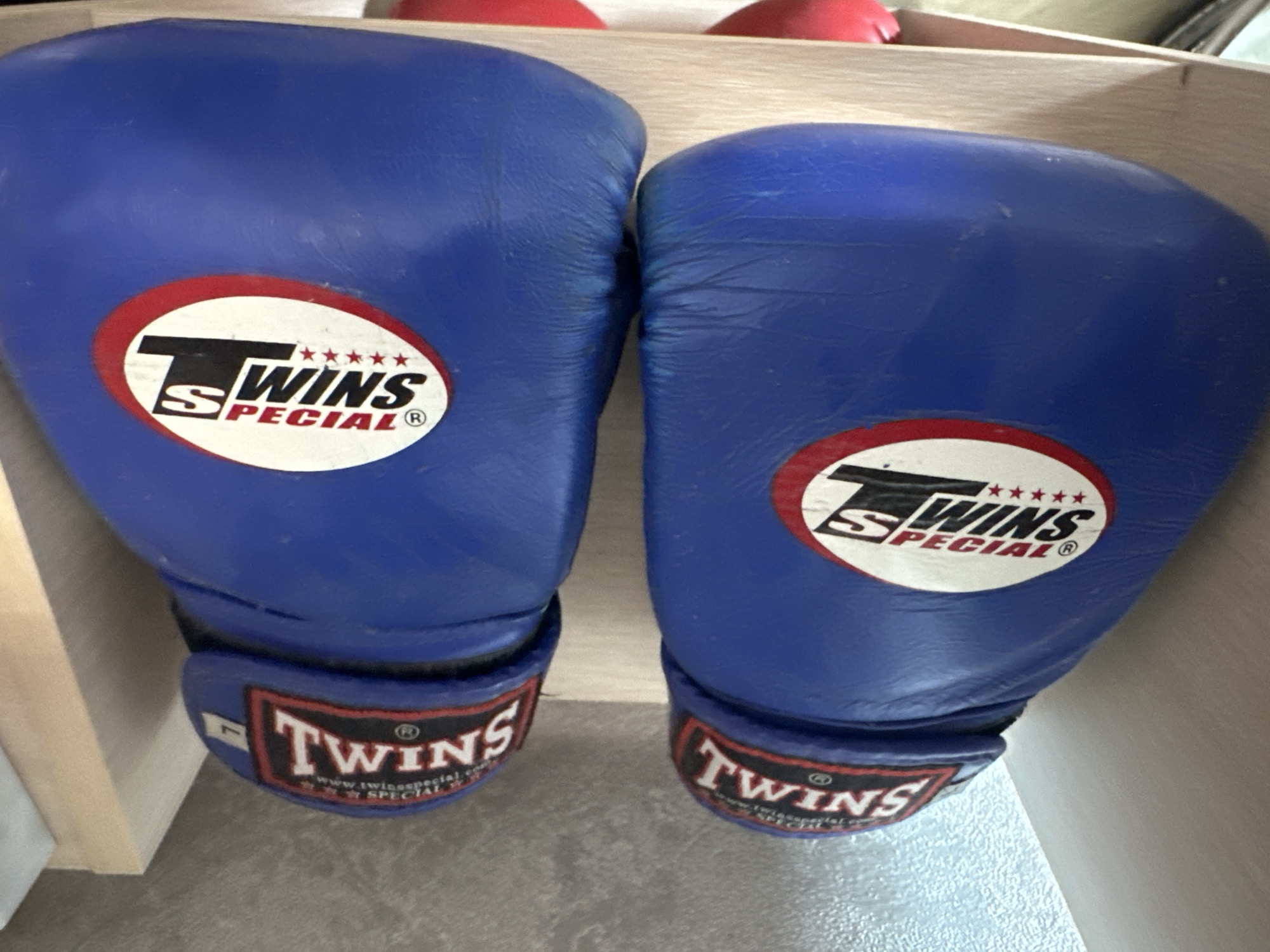 This is a close-up, eye-level shot of a pair of blue Twins Special boxing gloves resting on a light-colored wooden shelf. The gloves are positioned side-by-side, with the left glove slightly closer to the viewer. Both gloves have the Twins Special logo prominently displayed in a red and white oval shape on the backhand, featuring the brand name and five red stars. The upper portion of the gloves has a black band with the words "TWINS SPECIAL" in white text. The background consists of a textured, light gray wall on the left and a beige wooden surface on the right. The scene appears to be indoors, possibly in a storage area or a room dedicated to sports equipment. There are no people visible in the image. The lighting is even, suggesting an indoor setting with artificial light. The image does not provide any information about the city of Birobidzhan, Russia, or any specific location within it.