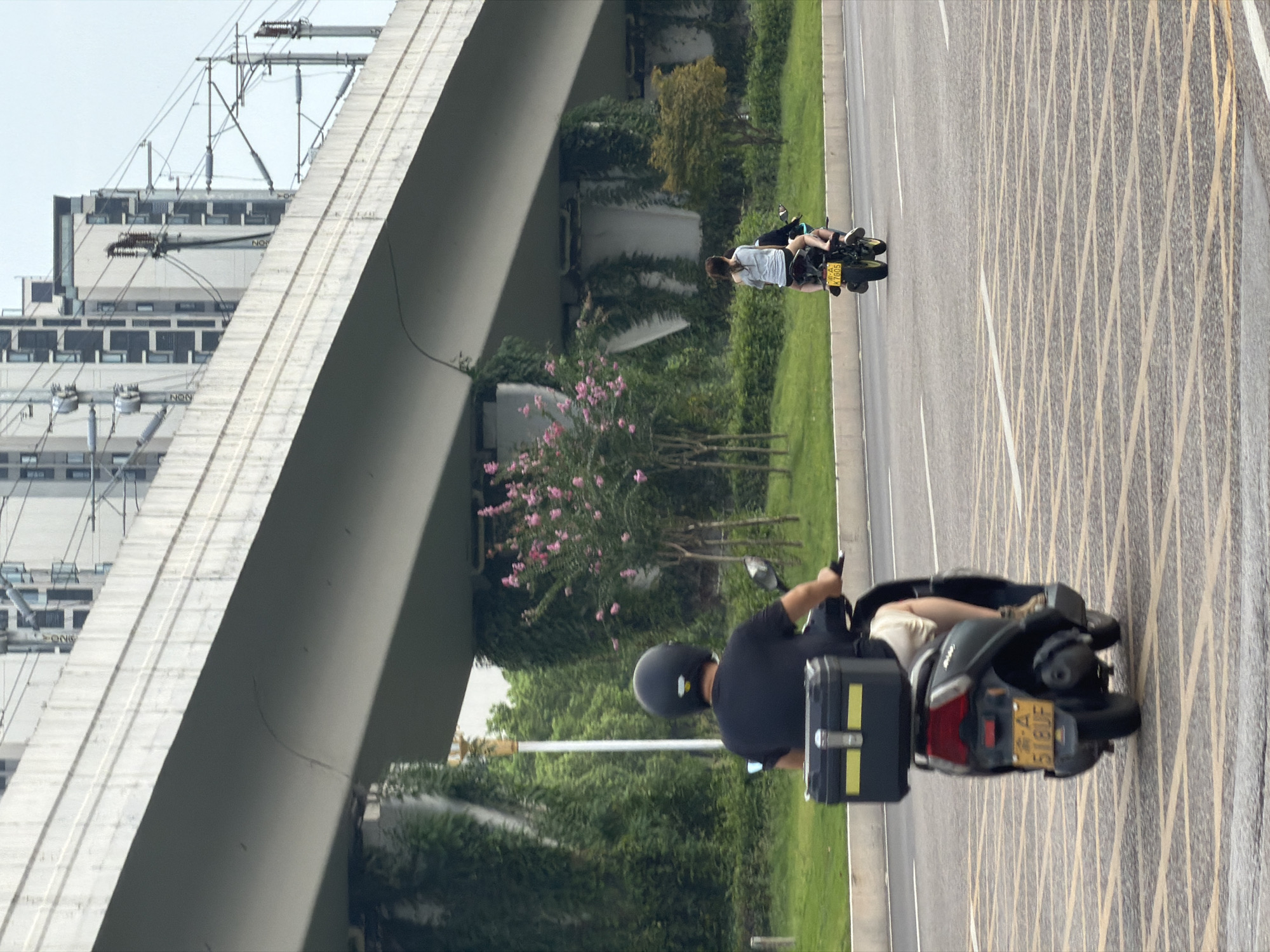 In Jiangjin, China, a person wearing a black helmet and black t-shirt rides a black scooter with a black storage box on the back, traveling away from the camera on a paved road. The scooter has a yellow license plate with black characters. In the distance, another scooter carries two people, also traveling away from the camera. The scene is bordered by green grass and trees, with a large concrete overpass overhead. Buildings and power lines are visible in the background.