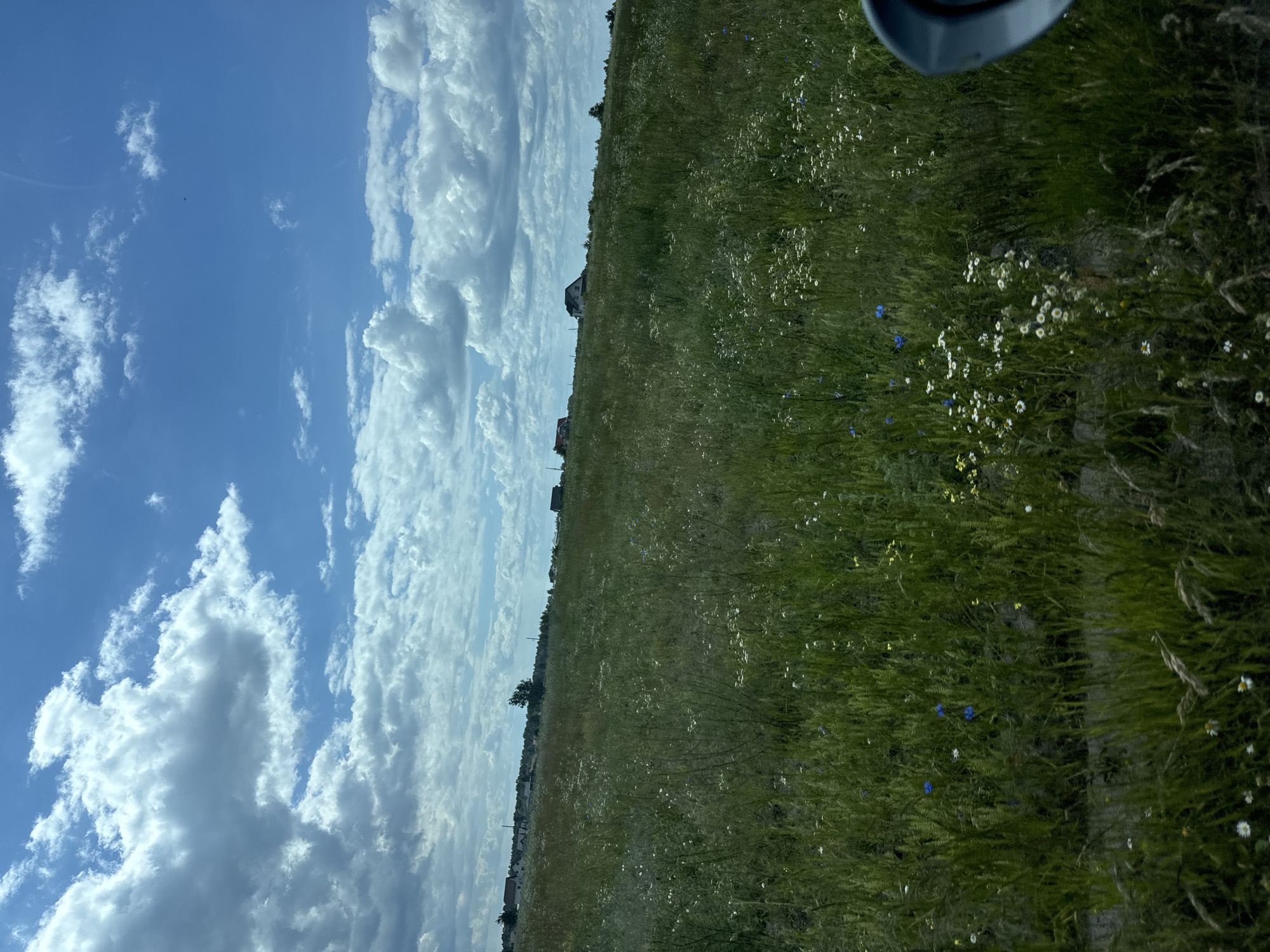 The image depicts a vast, green meadow dotted with wildflowers under a bright, cloudy sky. Several houses and buildings are visible on a gentle rise in the distance, hinting at a rural or suburban setting. A portion of a dark-colored vehicle's side mirror is visible in the lower right corner, suggesting the photo was taken from inside a car. The overall scene conveys a sense of open space and natural beauty. The provided location is the city of Kostiantynivka, Ukraine.