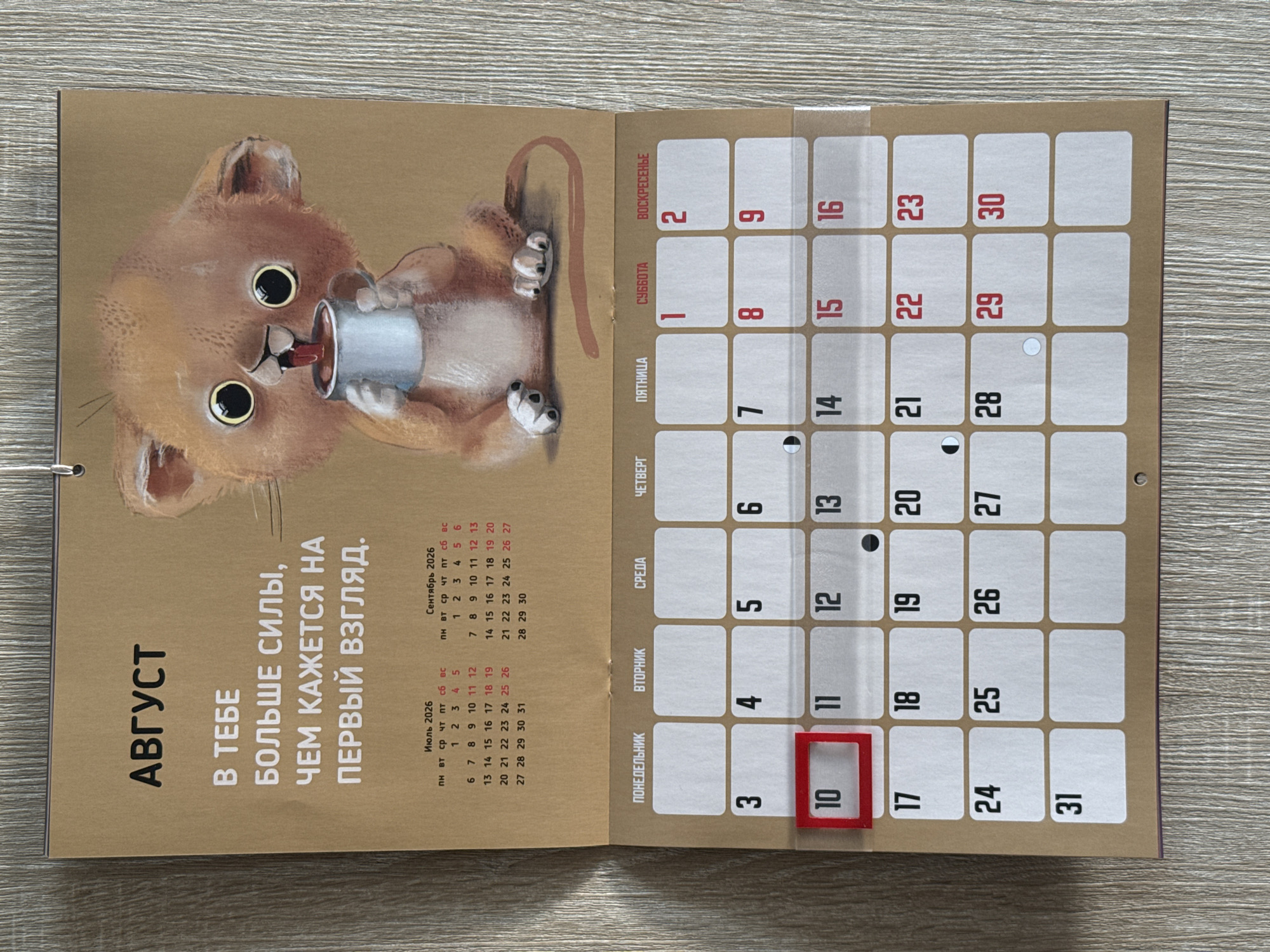 The image shows a calendar page for August 2026. The calendar has a whimsical illustration of a cartoon lion cub drinking from a mug. The calendar is hanging on a wooden wall. The calendar is open to the month of August, and the dates are clearly visible. The image also includes small calendars for July and September 2026 above the main calendar grid. The calendar is the only object in focus, with a neutral wooden background. There are no people or animals present in the scene besides the illustration.