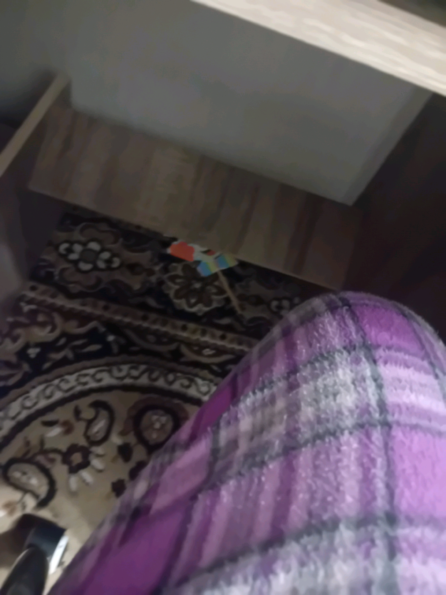 The image depicts a close-up view of a person's legs covered in purple plaid pajama pants. The person is sitting on a carpet with a traditional pattern. In the background, a wooden shelf is visible. A small toy, possibly a spinner with colorful sides, is placed on the carpet. The scene appears to be indoors, likely in a domestic setting. No specific location in Chuhuiv, Ukraine can be identified from the visual information provided.