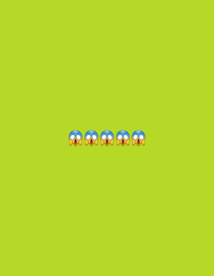 The image displays a vibrant lime green background with a horizontal row of five identical, cartoon-style emojis. These emojis depict faces with wide, open mouths, blue skin, white eyes with small black pupils, and red rosy cheeks. They appear to be expressing shock or fear. The emojis are centered horizontally in the lower portion of the image. There are no identifiable landmarks, people, or objects that would indicate a specific location in Jalingo, Nigeria, or any other city. The image is a simple graphic composition.