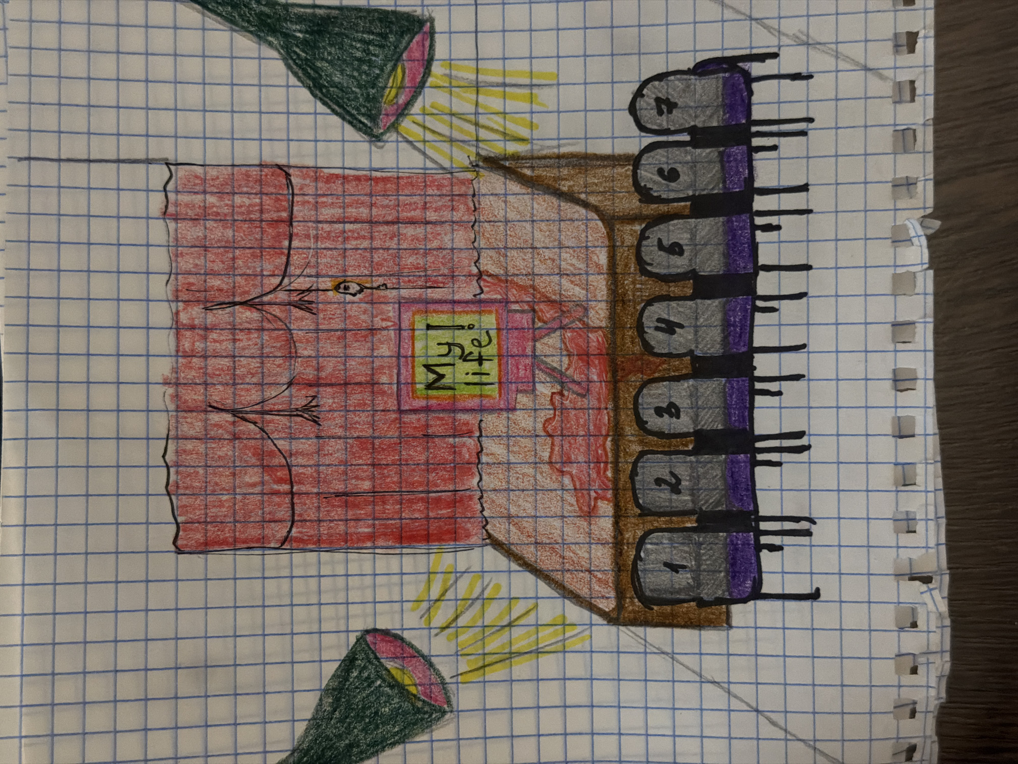 The image is a drawing on graph paper. It depicts what appears to be a movie theater or stage. There is a red curtain with a spotlight shining on it from above and below. In front of the curtain is a stage with a sign that says "M1:15". To the right of the stage are seven seats numbered 1 through 7. The seats are gray with purple accents and have black legs. The location of Засечное, Russia is not explicitly indicated in the image, and therefore cannot be included in the description.