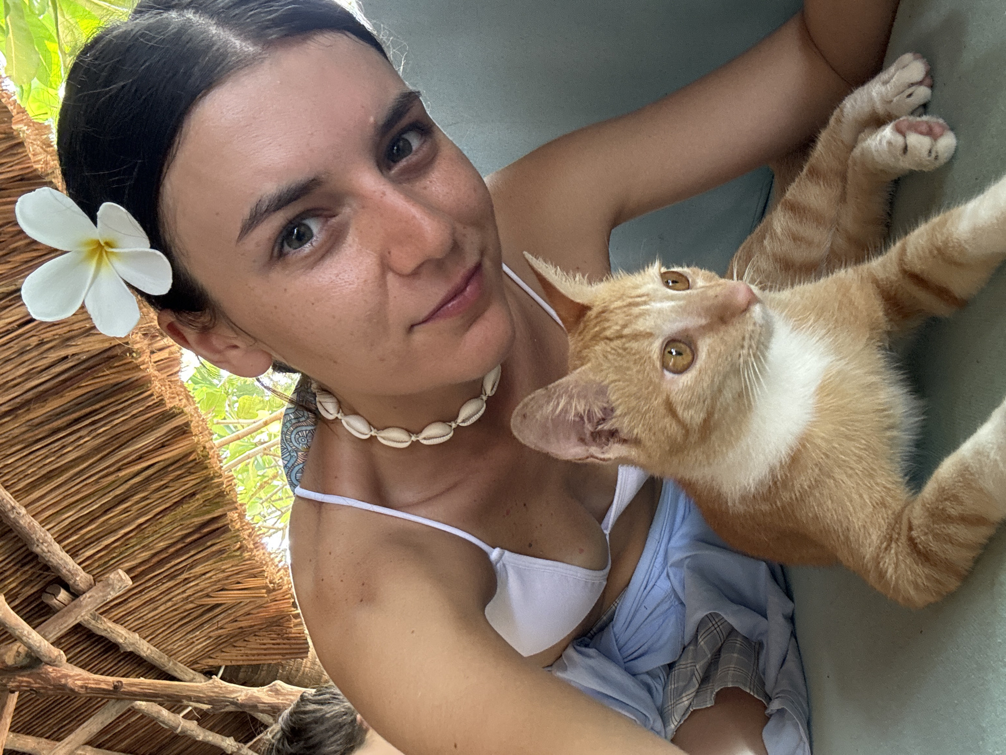 In Mũi Né, Vietnam, a young woman with dark hair adorned with a white plumeria flower is pictured. She is wearing a white bikini top and a necklace made of seashells. Beside her sits an orange tabby kitten with large amber eyes. The background features a thatched roof structure supported by wooden beams, with glimpses of lush green foliage. The scene appears to be on a couch or similar seating, with a light blue fabric draped over the woman's lap.
