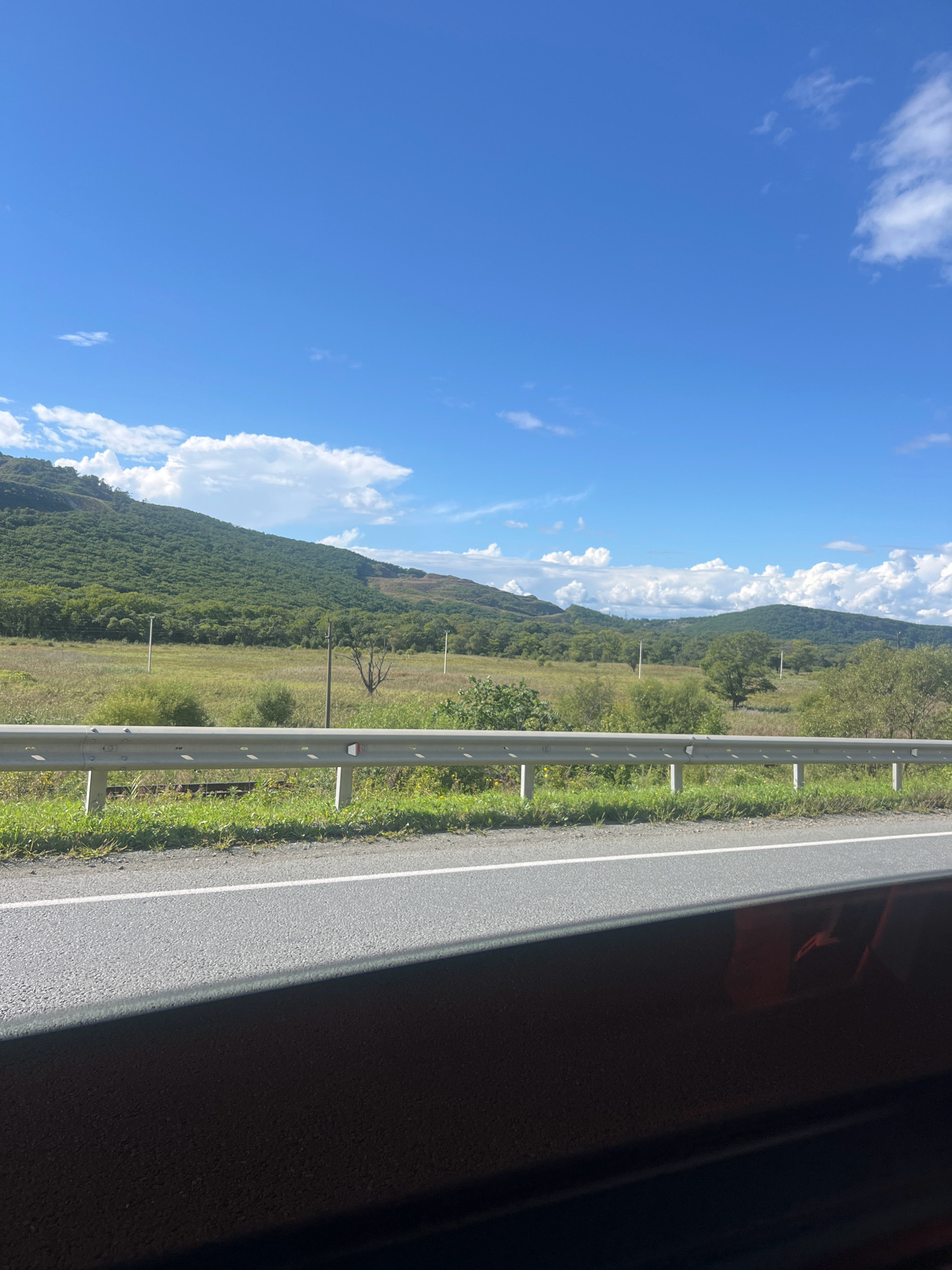 The image depicts a roadside view of a rural landscape under a bright blue sky with scattered white clouds. In the foreground, a section of an asphalt road is visible, bordered by a grey metal guardrail. Beyond the guardrail, a grassy field stretches towards rolling, tree-covered hills. Several utility poles are scattered across the field. The scene appears to be located in the vicinity of Bolshoy Kamen, Russia, given the presence of what appears to be a residential area or industrial zone partially visible in the far distance, indicated by the presence of a red and white reflective marker on the guardrail, typical of Russian road infrastructure. The overall impression is one of a serene, natural environment adjacent to a developed area.