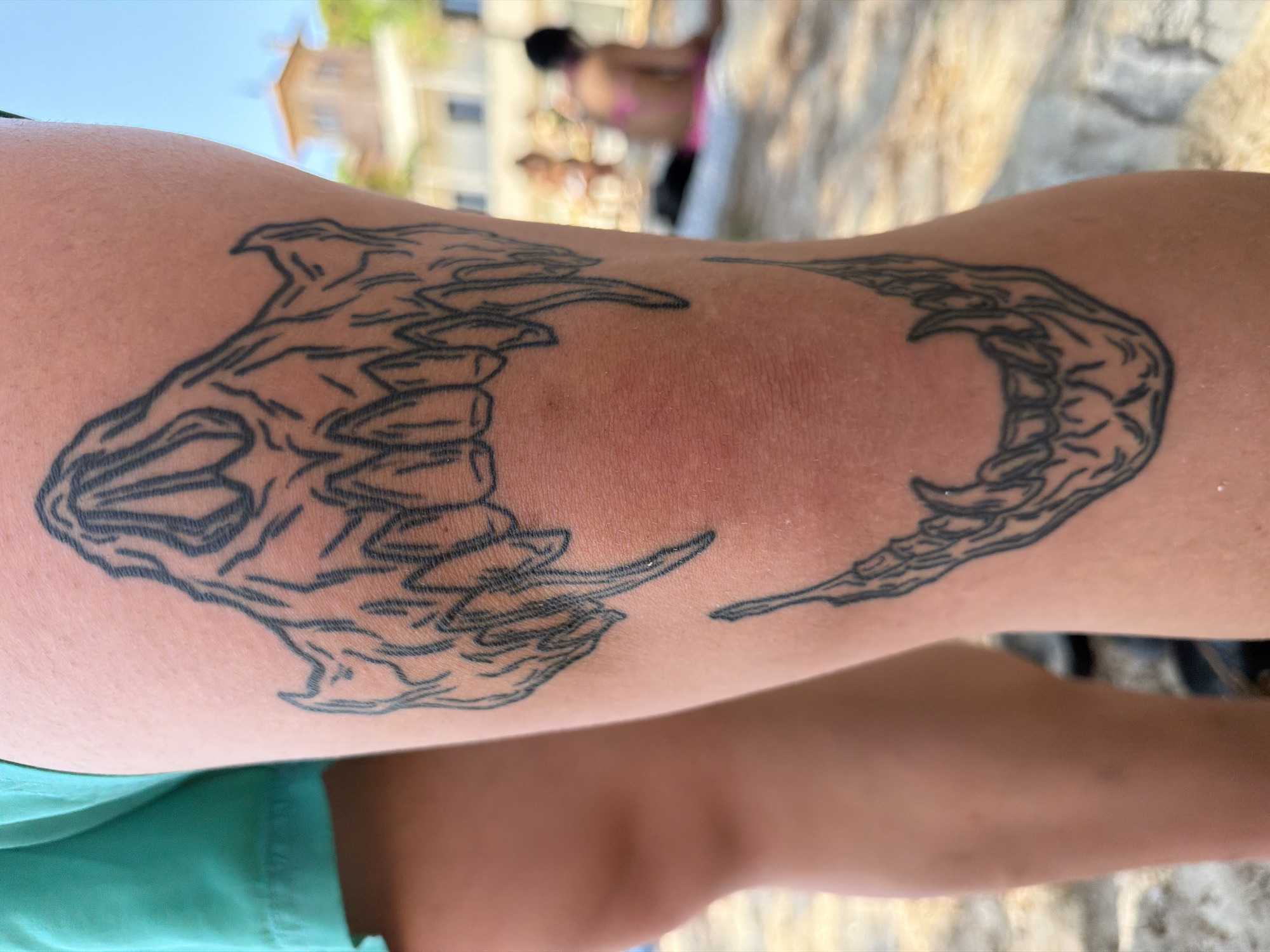 The image shows a close-up of a tattoo of a skull with fangs on a person's leg. The tattoo is black ink and appears to be on the thigh and knee area. The person is wearing turquoise shorts. In the blurred background, there are people on a beach with buildings and vegetation. The scene suggests a warm, sunny day. There is no indication of the location being Palermo, Italy.