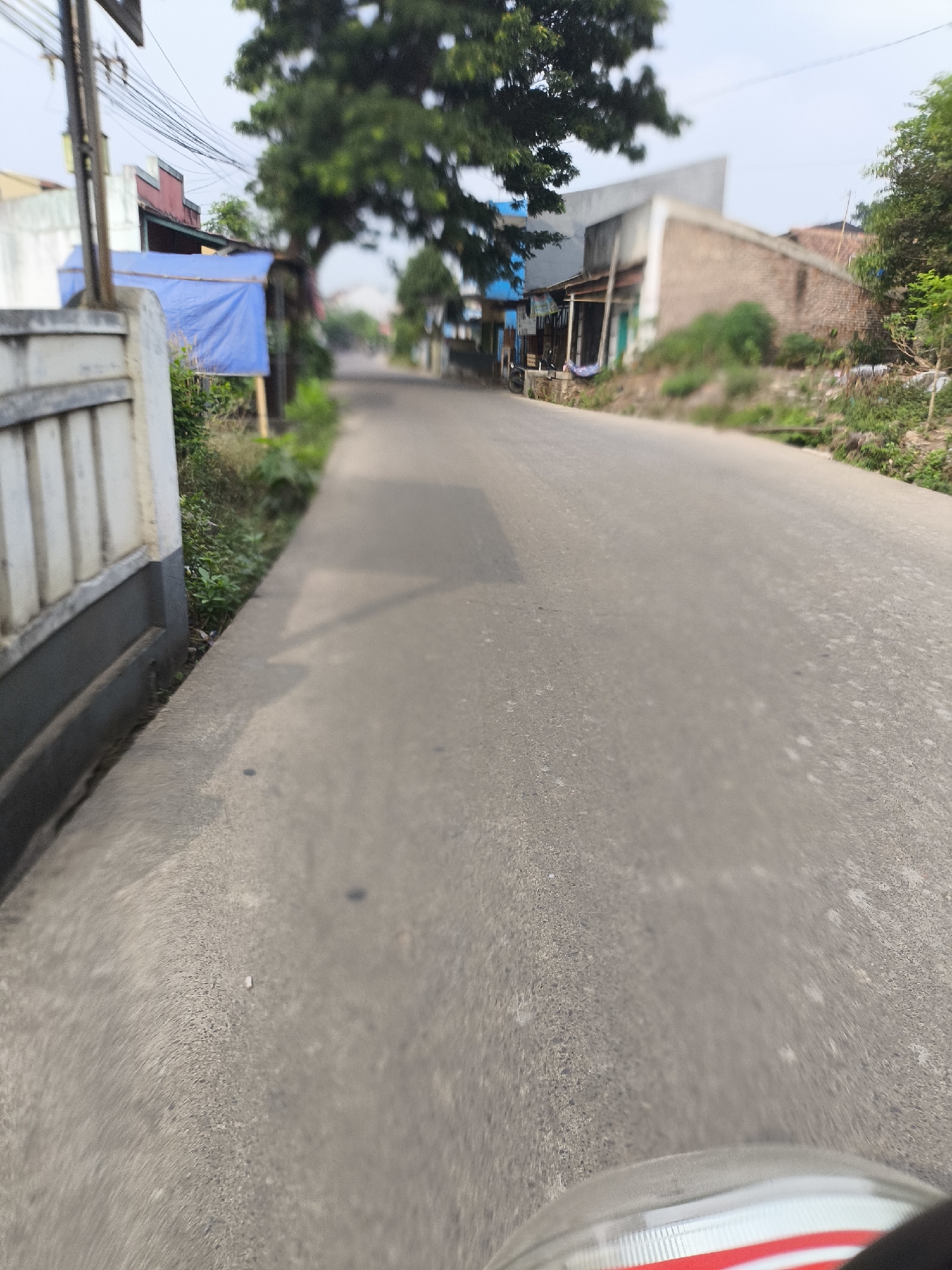 The image depicts a paved road in a semi-urban area, likely in Cilegon, Indonesia, given the context. The perspective suggests the photo was taken from a moving vehicle, possibly a motorcycle, as indicated by the edge of a headlight visible in the lower right corner. On the left side of the road, there is a low, gray-and-white striped wall and dense green foliage. Beyond the foliage, a building with a blue tarp is visible, alongside utility poles and overhead wires. Further down the road on the right, buildings with brick and concrete facades are situated on a slightly elevated bank covered with green vegetation. The road itself is an asphalt surface with some minor imperfections. The sky is overcast. The overall scene suggests a typical street view in a residential or mixed-use area.