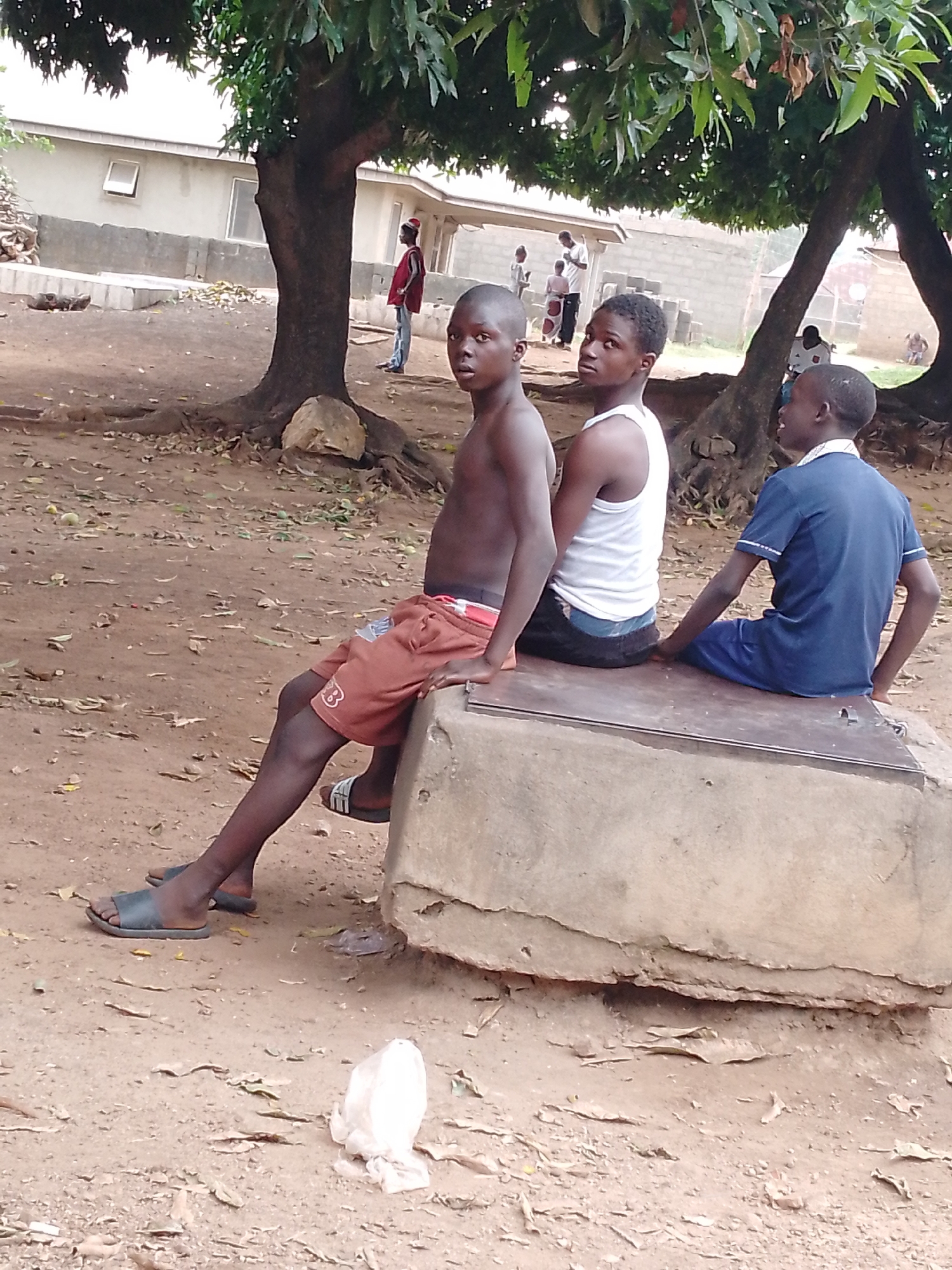 Three young males are centrally positioned in an outdoor, unpaved setting. The leftmost boy, shirtless, wears reddish-brown shorts with a small white 'B' emblem and dark sandals, looking directly at the viewer. Beside him, a second boy in a white tank top and dark shorts looks back over his shoulder towards the camera. The third boy, seen from behind, wears a blue short-sleeved polo shirt with white trim and dark blue bottoms; he is turned slightly to his right. All three are sitting on a rectangular concrete structure with a metallic lid on its surface.
The ground is dry, dusty, and reddish-brown, littered with scattered dried leaves and small debris, including a crumpled white plastic bag in the foreground. Two large trees with lush green foliage provide shade, their prominent roots visible above ground. In the background, several single-story buildings with light-colored walls and dark roofs are visible. Other individuals can be seen in the distance, including a person in a red garment standing on the left and various figures further back.
The scene appears to be taking place during the daytime, likely morning or afternoon, indicated by the ambient and diffused lighting, possibly due to cloud cover or the heavy shade from the trees. The overall atmosphere is informal and calm, with the boys displaying neutral to slightly curious expressions as they acknowledge the camera. The location cues, such as the architecture, vegetation, and unpaved ground, suggest a warm, potentially rural or semi-urban environment.