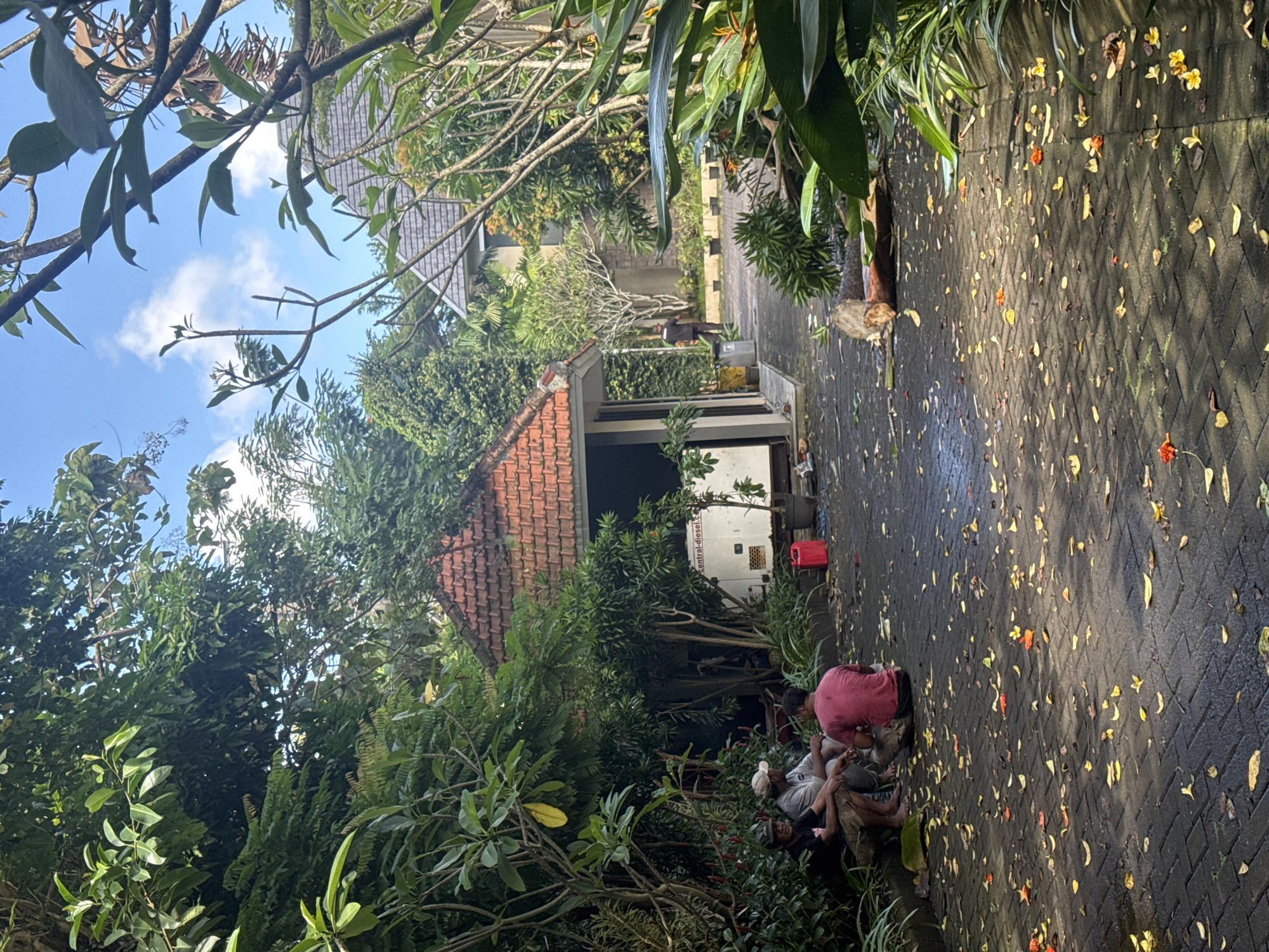 The scene is an outdoor space in Kuta Selatan, Indonesia. The area is paved with dark gray interlocking tiles, scattered with yellow and orange flowers or leaves. Vegetation is abundant, including trees, shrubs, and other greenery, that frame the shot from the sides and above, partially obscuring buildings. In the lower left, a group of people is visible, seemingly sitting or lying down near the foliage. A small structure with a red-tiled roof is partly hidden by trees, with a white generator behind it. Further down the paved area, another individual is visible. The sky peeks through the trees, showing blue and white clouds.