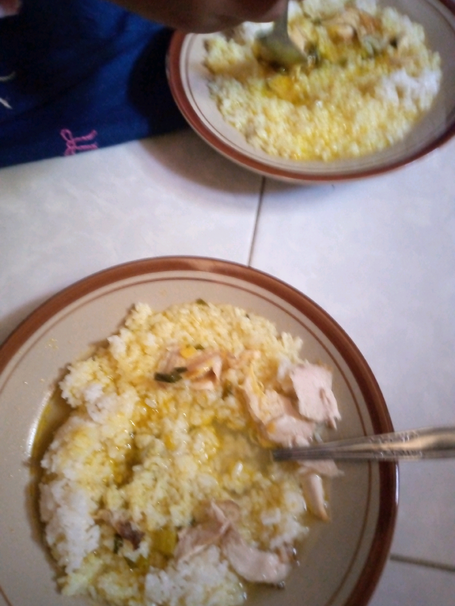 In Sedati, Indonesia, a close-up shot shows two plates of rice with shredded chicken. The plate in the foreground contains a generous portion of white rice mixed with yellow broth, topped with pieces of shredded chicken and some green herbs. A silver spoon is partially submerged in the food, suggesting someone is about to eat. The plate is brown with a lighter rim. In the background, another plate with similar food is visible. The setting appears to be a casual mealtime, possibly at home, with a blue cloth with pink lettering visible on the left side of the frame.