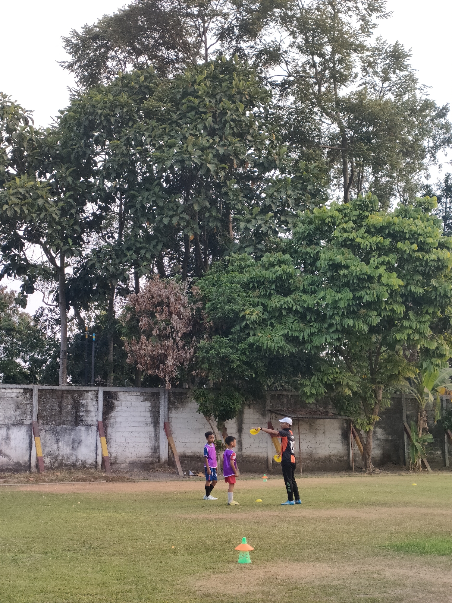 In Banguntapan, Indonesia, a group of young boys are engaged in a soccer training session on a grassy field. Two boys, one wearing a purple vest over a blue shirt and shorts and the other in a purple vest over a red shirt and shorts, stand facing each other. A coach, dressed in an orange and black shirt, black pants, and a white cap, stands to the right, demonstrating a drill. He holds two yellow discs in his hands, and there are several yellow cones placed on the field. The background features a concrete wall adorned with red and yellow markings, behind which are several large trees with dense foliage, suggesting a natural, semi-urban environment. The overall scene depicts a focused and active sports training activity.