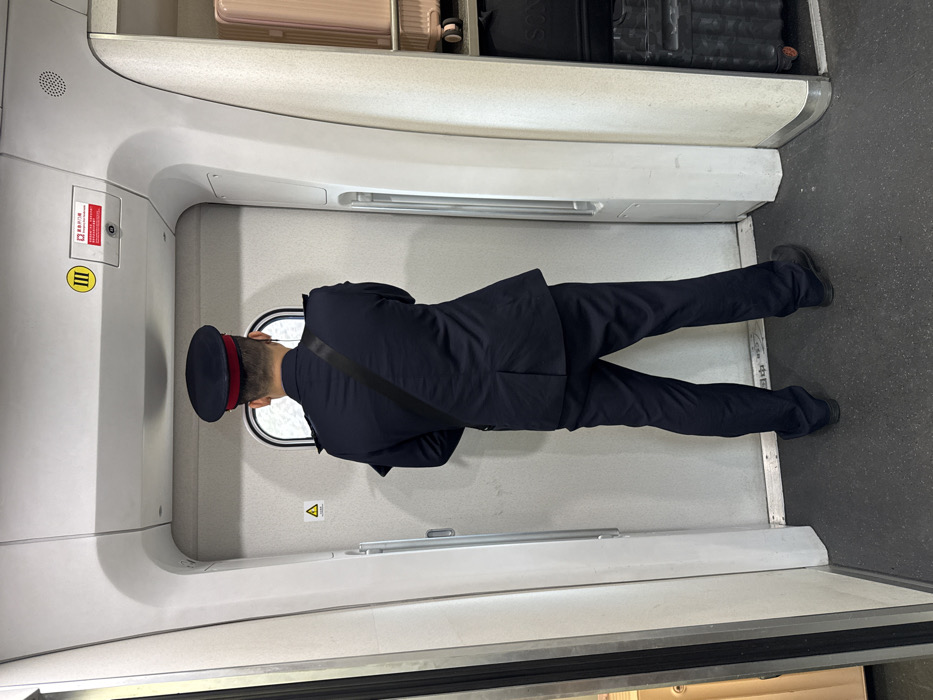 The image displays the interior of a modern passenger train, consistent with service in China, as situated within the city of Dong'an.
A single male individual stands centrally in the frame, viewed from the back. He wears a dark navy blue uniform, comprising a jacket with shoulder epaulets, matching trousers, and a dark peaked cap with a red band. A dark strap, likely from a shoulder bag, crosses his back diagonally from his right shoulder. He is standing upright, facing a light-colored, smooth internal door of the train carriage.
The door features a small, rounded rectangular window at head height, through which a blurred, bright, outdoor environment is visible, suggesting the train is in motion. A yellow triangular warning sign with a black exclamation mark is affixed to the door above the window. Above the door, on the overhead panel, a yellow circular sticker with the Roman numeral "III" is visible, along with a red rectangular safety instruction sign displaying white Chinese characters and a pictogram. A small speaker grille is also present on the overhead panel.
The interior walls and ceiling are light-colored and feature curved panels. The floor is dark gray or black and appears to be made of a non-slip material. To the right of the uniformed individual, a luggage storage area is visible, containing a light pink hard-shell rolling suitcase and a larger, dark-colored hard-shell rolling bag.