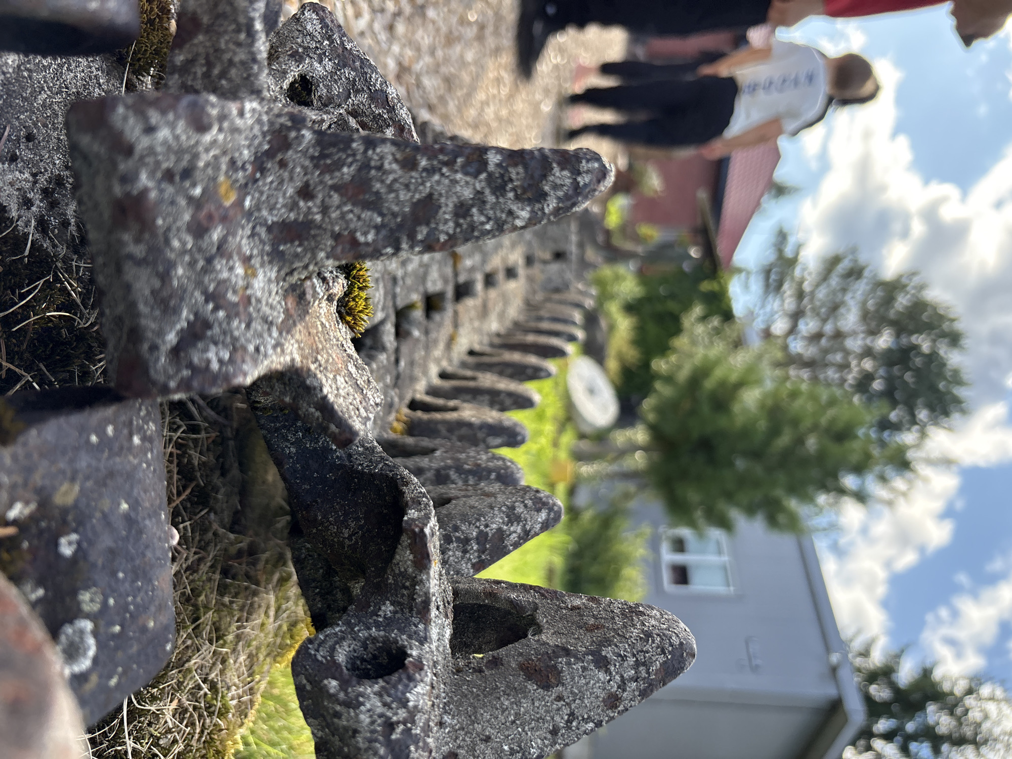 The image shows a close-up of a rusty metal object, possibly part of a historical artifact or machinery, with sharp, pointed protrusions, situated outdoors on a grassy area. In the background, out of focus, are people, a building, trees, and a cloudy sky. The scene appears to be in a rural or semi-rural setting, consistent with the village of Zhalybnya, Russia, given the architectural style and vegetation. There is no specific indication of an ongoing event or interaction among the people present, who are casually observing the surroundings.