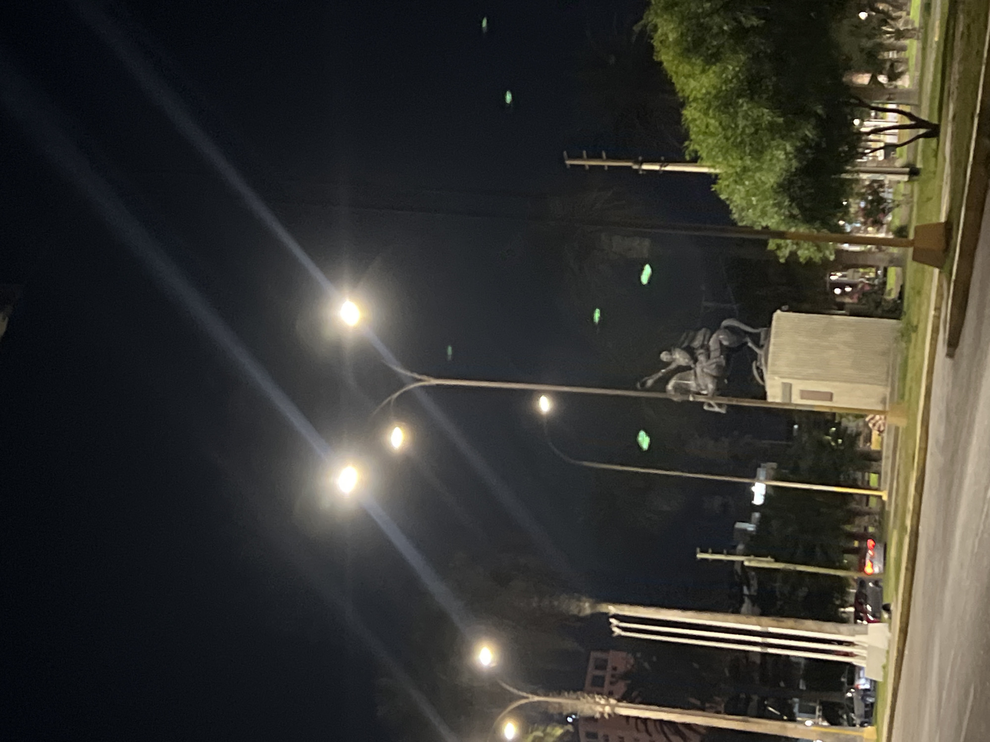 The image depicts a nighttime scene in Arica, Chile, showing a street lined with lampposts and trees. A statue is visible on the right, partially obscured by the lighting and trees. Cars are visible on the right, along the side of the street. Buildings can be seen in the background. The image is tilted. The sky is dark, with small green dots.