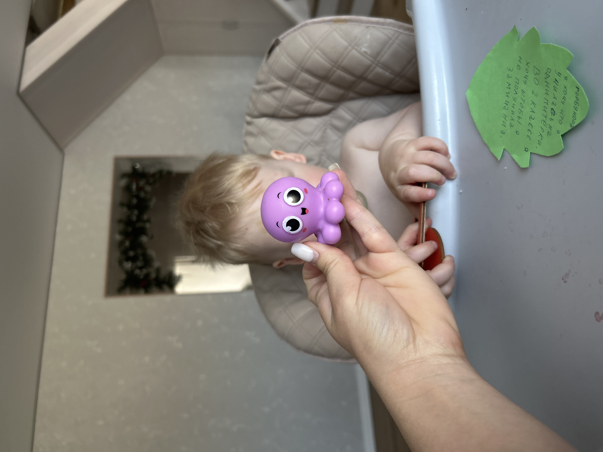 Here's a forensic description of the image:
**Scene:** The photograph captures a scene inside what appears to be a residential kitchen. The camera angle is from an elevated, slightly oblique position. The image is rotated to the left.
**People:** A baby is seated in a high chair. The baby has blonde hair and appears to be fair-skinned. An adult's hand and arm are visible, holding a purple octopus-shaped toy towards the baby. The adult has pale skin and manicured fingernails with white polish.
**Objects:**
* A purple octopus-shaped toy.
* A high chair with a beige, quilted seat.
* A refrigerator with a green, paper-cutout note attached.
* The note has handwritten text in Russian.
* A Christmas tree is partially visible in the background.
**Actions:**
* The adult is holding the purple octopus-shaped toy towards the baby.
**Environment:**
* The background shows a wall with a textured surface.
* The wall appears to be painted in a light neutral color.
* A Christmas tree is visible through a window.
**OCR Text on Green Note:**
The green note attached to the refrigerator, has the following text:
"ГОРБУНОВ
Я хочу что я
Училасьна
одни питёрки,
Во 2 классе я
ХОЧУ ШТОБЫ Я
не получила
замичания."
**Location:**
The text in the image is in Russian and the context clues that the photo was captured in a home in Chaikovsky, Russia.