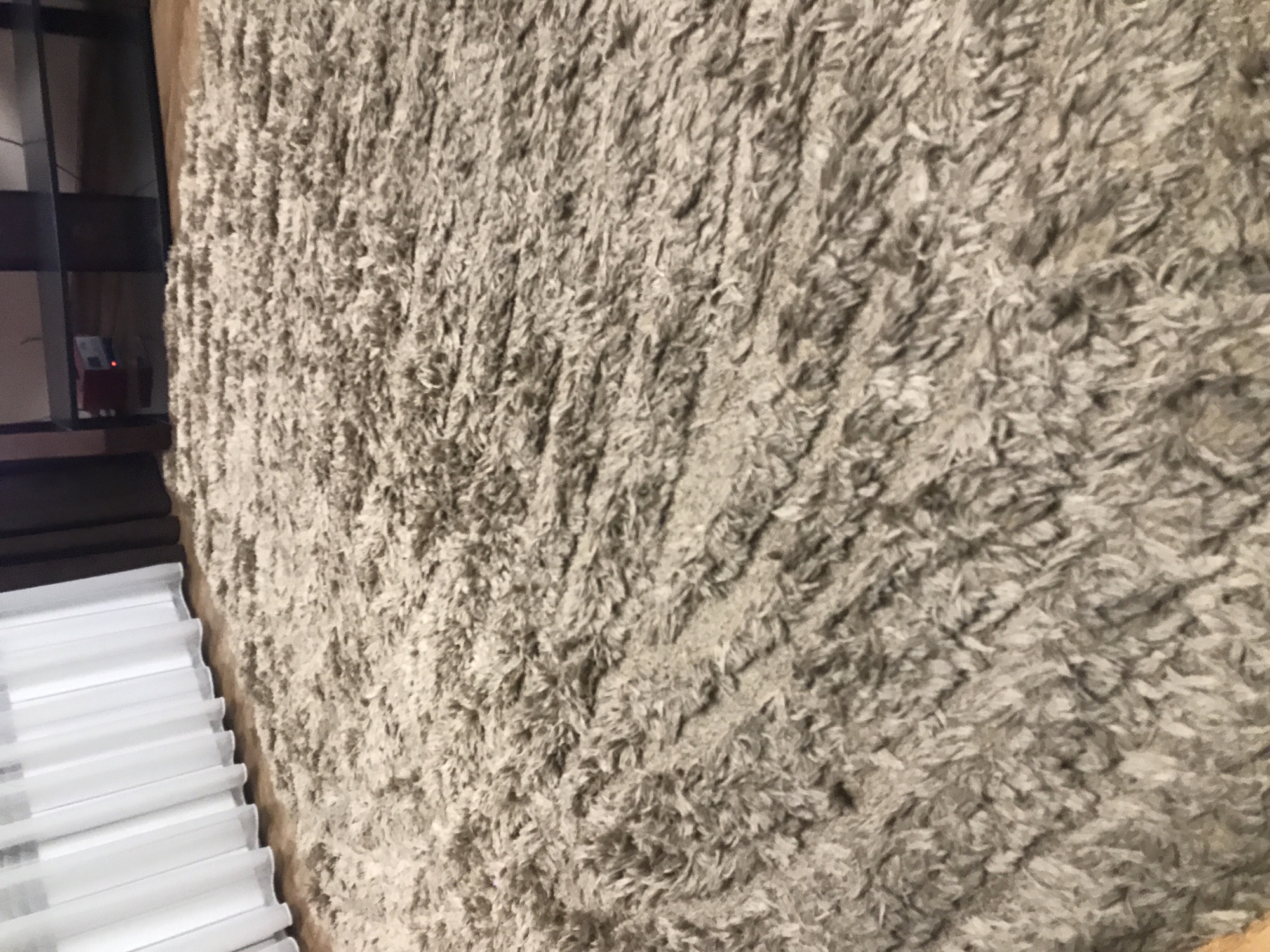 The image shows a close-up of a shaggy, gray rug. To the left, there's a dark-colored shelving unit and a set of white blinds or shades. No people, actions, or interactions are visible. No information suggests this photo was taken in Yerevan, Armenia.