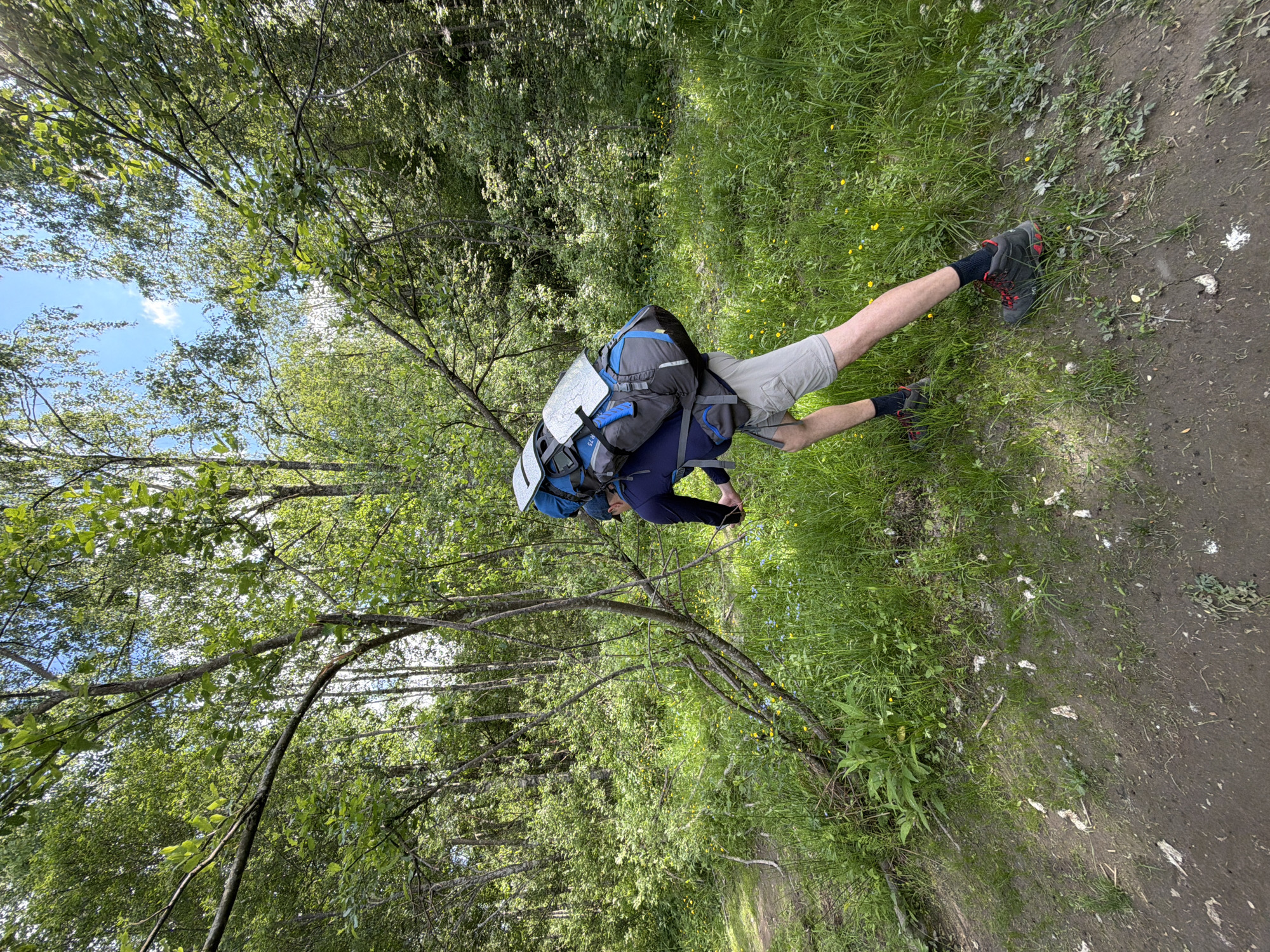 A man walks on a dirt path through a forest. He is wearing a dark blue long-sleeved shirt, grey shorts, and black hiking boots with red accents. He has a large blue and grey backpack with reflective material attached to it. The forest is dense with green trees and undergrowth, and the sun is shining through the leaves. The path is slightly muddy with some white debris scattered along the edges. The scene appears to be located in or near the city of Kuznechnoye, Russia, based on the context provided.