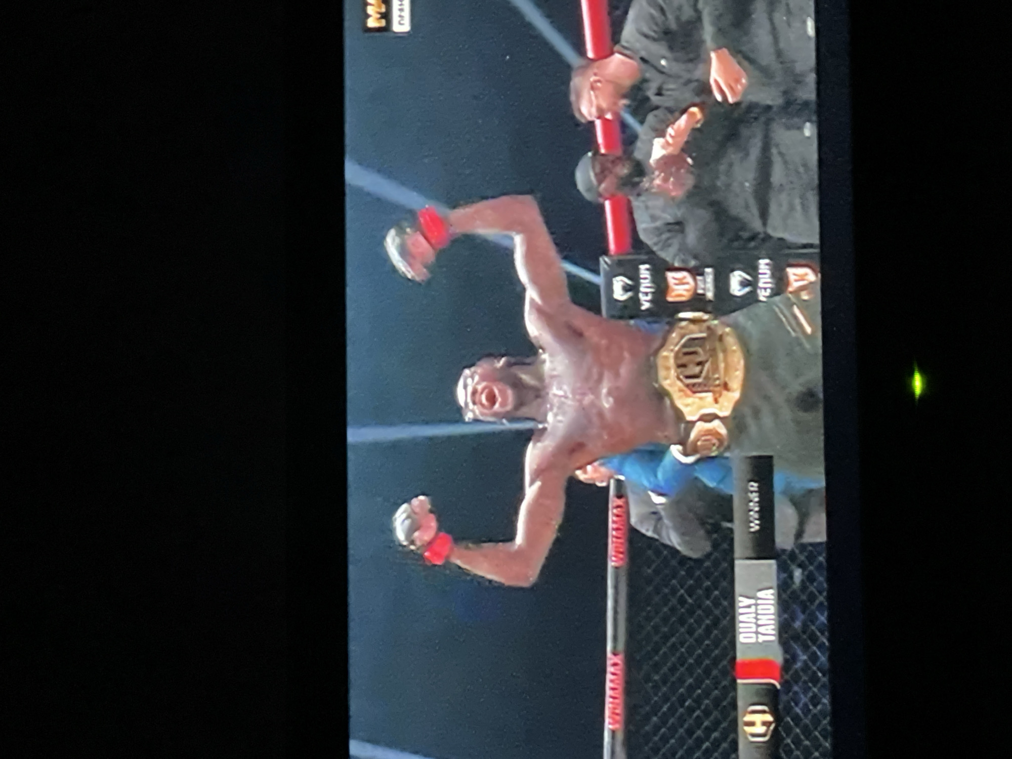 The image shows a man celebrating a victory in a mixed martial arts (MMA) cage. The man is shirtless, wearing red gloves, and has a gold championship belt around his waist. He is raising both arms in a celebratory gesture. Behind him are other individuals. The cage is marked with various logos, including "WINMAX" and "QUALY TAHIDA." The environment appears to be an indoor arena, likely in Moscow, Russia, as the branding visible on the cage is consistent with the Hardcore Fighting Championship, a Russian MMA promotion based in Moscow.