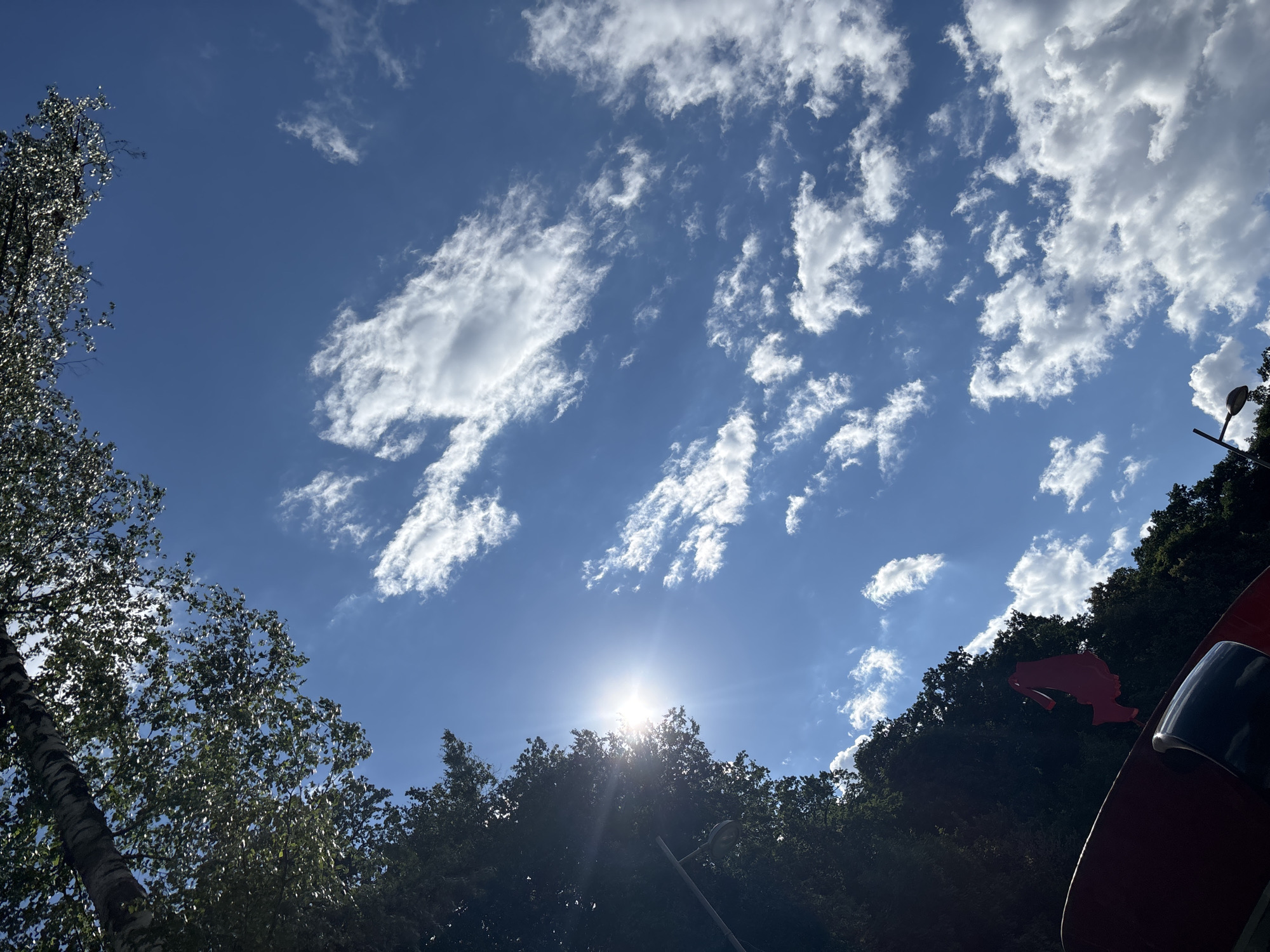The image depicts a bright, sunny sky with scattered white clouds, viewed from a low angle beneath dense green foliage. The sun is prominently visible, with lens flare emanating from it. In the foreground, a portion of a red object, possibly a slide or playground equipment, is visible on the left side. A red fabric or flag, shaped somewhat like a bird, is suspended in the air. A lamppost is also visible on the left, partially obscured by trees. The scene suggests an outdoor environment, likely a park or recreational area. There is no specific indication of the location being in Voronezh, Russia, as the image lacks any identifying landmarks or textual elements.