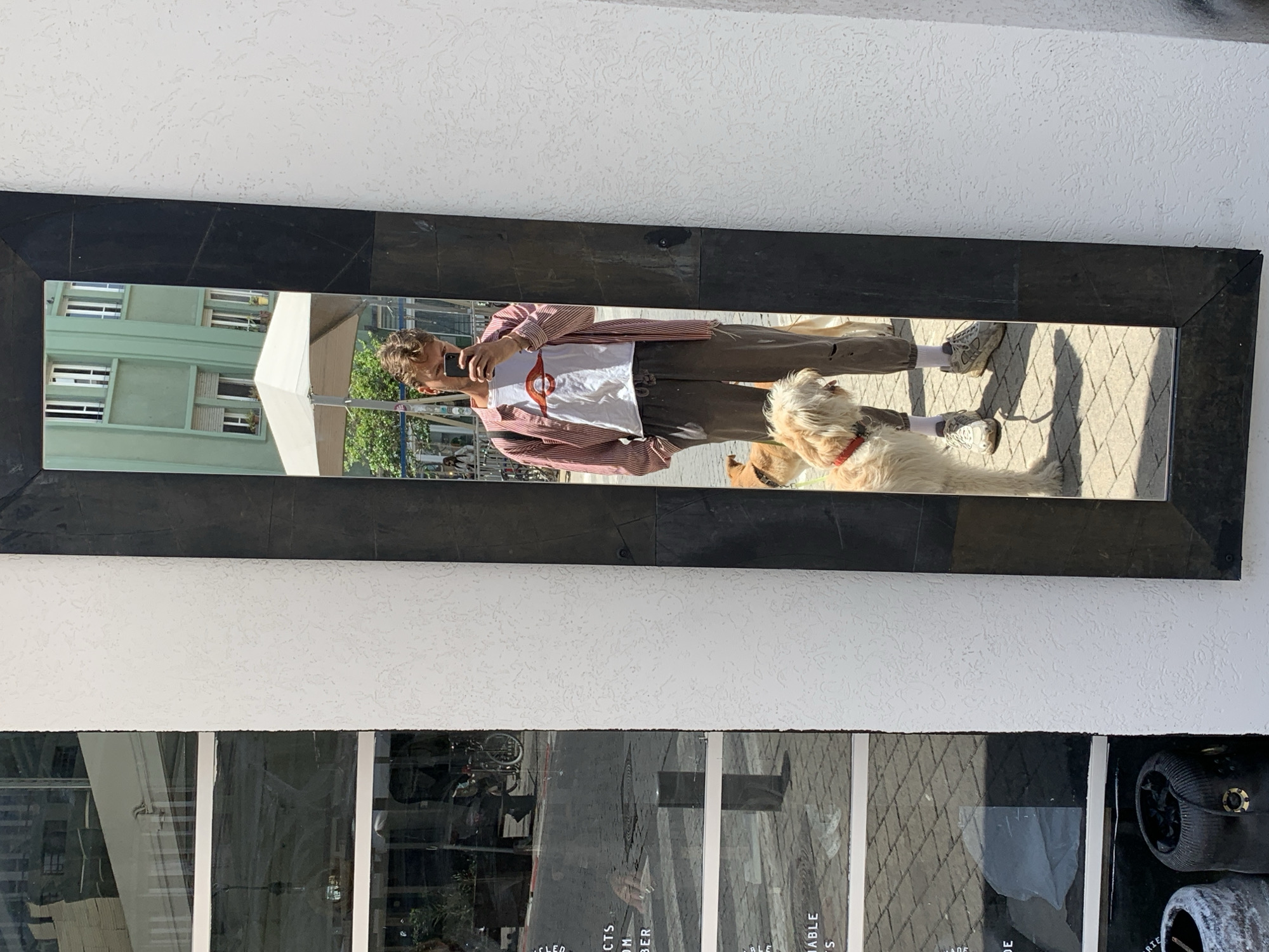 The image captures a reflection in a framed mirror. The mirror is affixed to a textured white wall above a large shop window. Within the mirror's reflection is a man holding a smartphone, seemingly taking a selfie. He is wearing a red and white striped shirt over a white t-shirt with a circular design, dark-colored pants, and sneakers. Alongside him are two dogs on leashes, one with long, shaggy hair and the other smaller with brown fur.
The reflection reveals an urban street scene with a light-colored building in the background. The street is paved with a pattern of bricks. A white sun umbrella is also partially visible in the reflection.
The shop window below the mirror has black framing. Within the shop window are blurred reflections of objects and text, including parts of the words "RECYCLED," "PRODUCTS," "FROM," "BAMBER," and "DURABLE," hinting at sustainable or eco-friendly products. Additional details in the shop window are obscured by reflections.
Based on the visual evidence, a precise location in Tel-Aviv, Israel, cannot be determined without further information. The image suggests an urban setting with a shop likely selling environmentally conscious items.