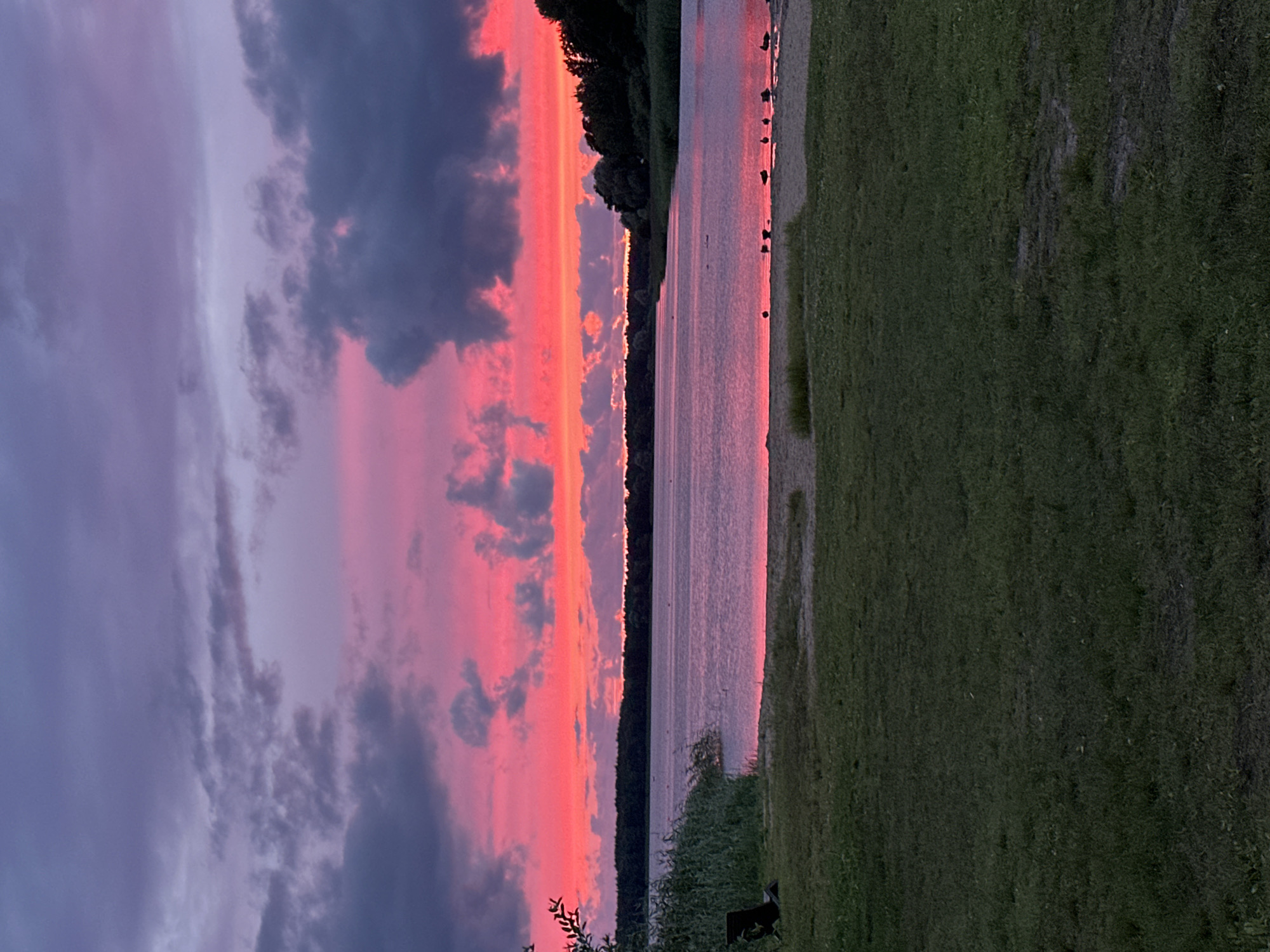 This image depicts a serene lakeside scene at dusk, featuring a vibrant sunset. The sky is ablaze with shades of pink, purple, and orange, transitioning into darker purples and grays as it ascends. Clouds are scattered across the sky, reflecting the dramatic colors of the sunset.
In the foreground, a patch of well-maintained green grass slopes down towards a sandy shore. A dark-colored reclining chair is visible on the left side of the frame, positioned on the grass. The lake itself occupies the middle ground, its surface mirroring the colors of the sky and appearing calm. Along the shoreline in the distance, a dense line of trees forms a natural horizon, silhouetted against the colorful sky. A few birds are visible on the sandy shore near the water's edge.
The scene appears tranquil and natural, suggesting an outdoor recreational area or a natural preserve. The overall impression is one of peaceful natural beauty at the end of the day. The image does not contain any specific elements that would allow for the identification of its location within Tallinn, Estonia, beyond it being a lakeside area.