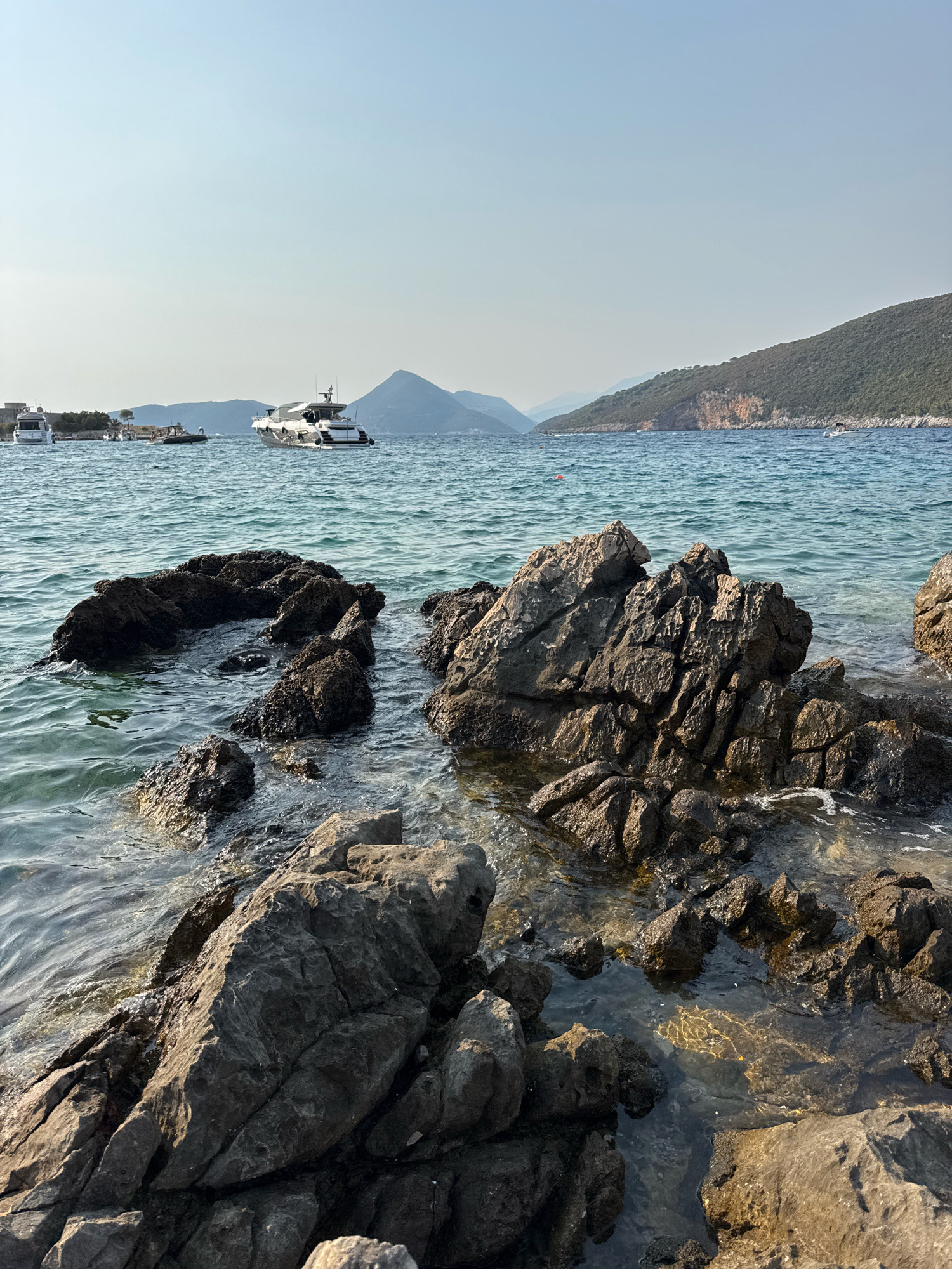 In the foreground, dark, jagged rocks emerge from the shallow, clear blue water of the Adriatic Sea. The water is slightly rippled and reflects the sunlight, creating shimmering patterns on the submerged rocks. In the middle ground, several modern yachts are anchored or cruising on the water. Further in the distance, rolling green hills and mountains form the coastline, with a hazy sky above. The scene is likely located near a coastal town on the Luštica Peninsula in Montenegro, known for its natural beauty and numerous bays.