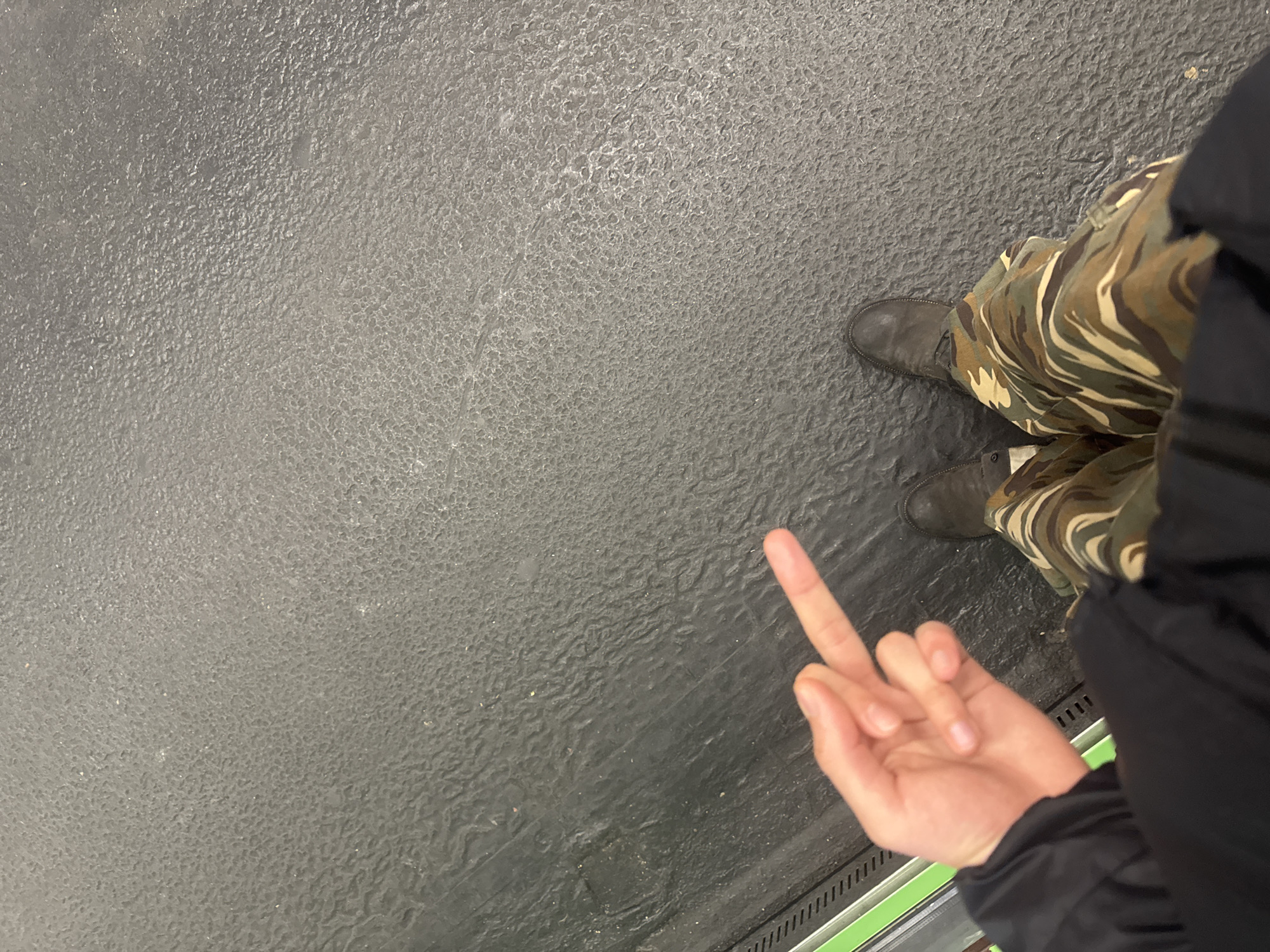 A person wearing camouflage pants, black boots, and a black jacket is standing on a textured grey surface. The person is giving the middle finger with their right hand. The location is unknown.