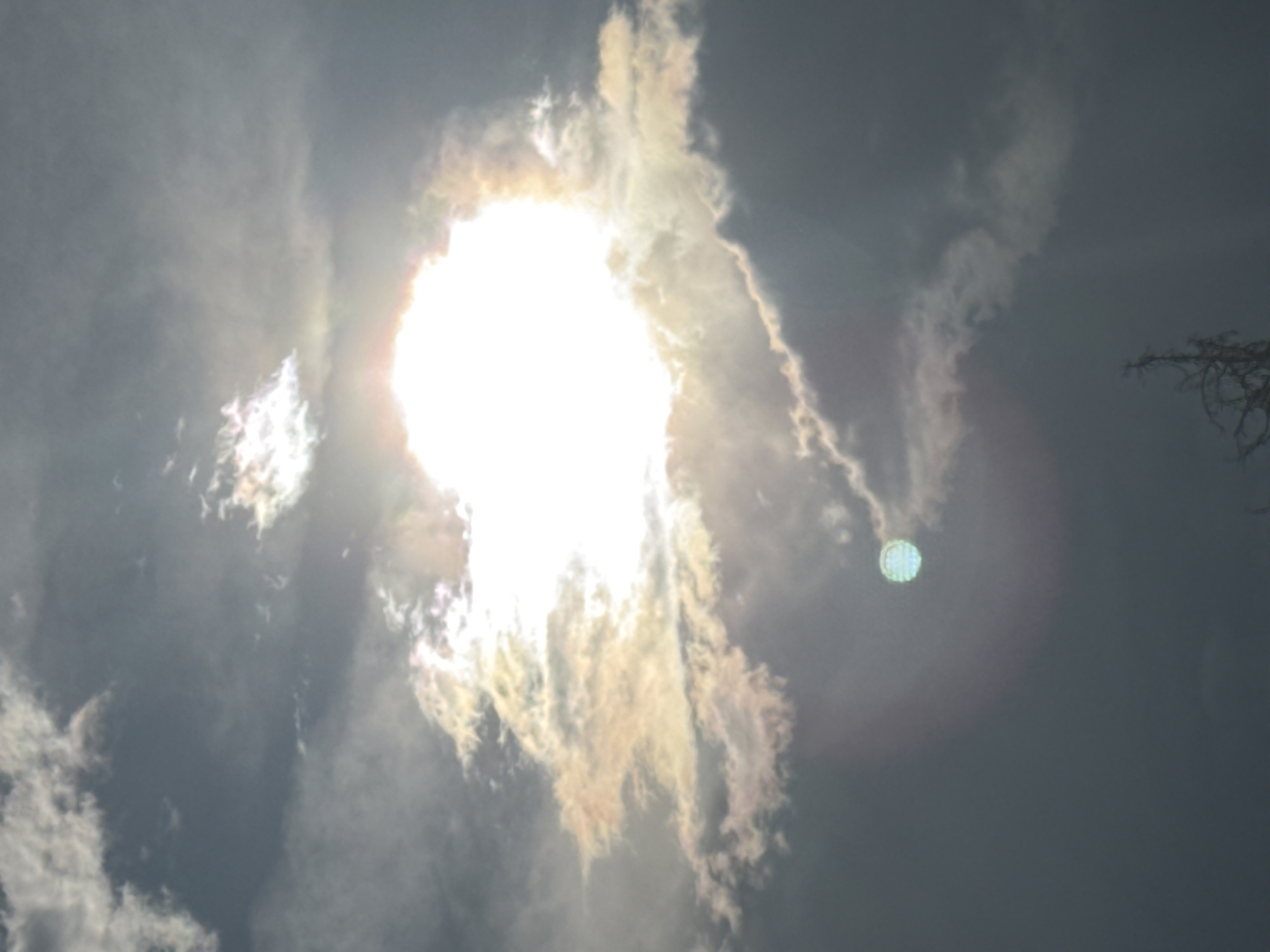 A bright, hazy sun is partially obscured by clouds in the sky over Sofia, Bulgaria. The sun appears as a large, glowing orb with rays of light extending outwards. Below and to the left of the sun, a smaller, circular object with a patterned surface is visible. The sky is a mix of dark gray and white clouds, with some areas illuminated by the sun. A silhouetted bare tree branch is visible in the lower right corner of the image. The overall impression is of a dramatic sky with the sun breaking through stormy clouds.