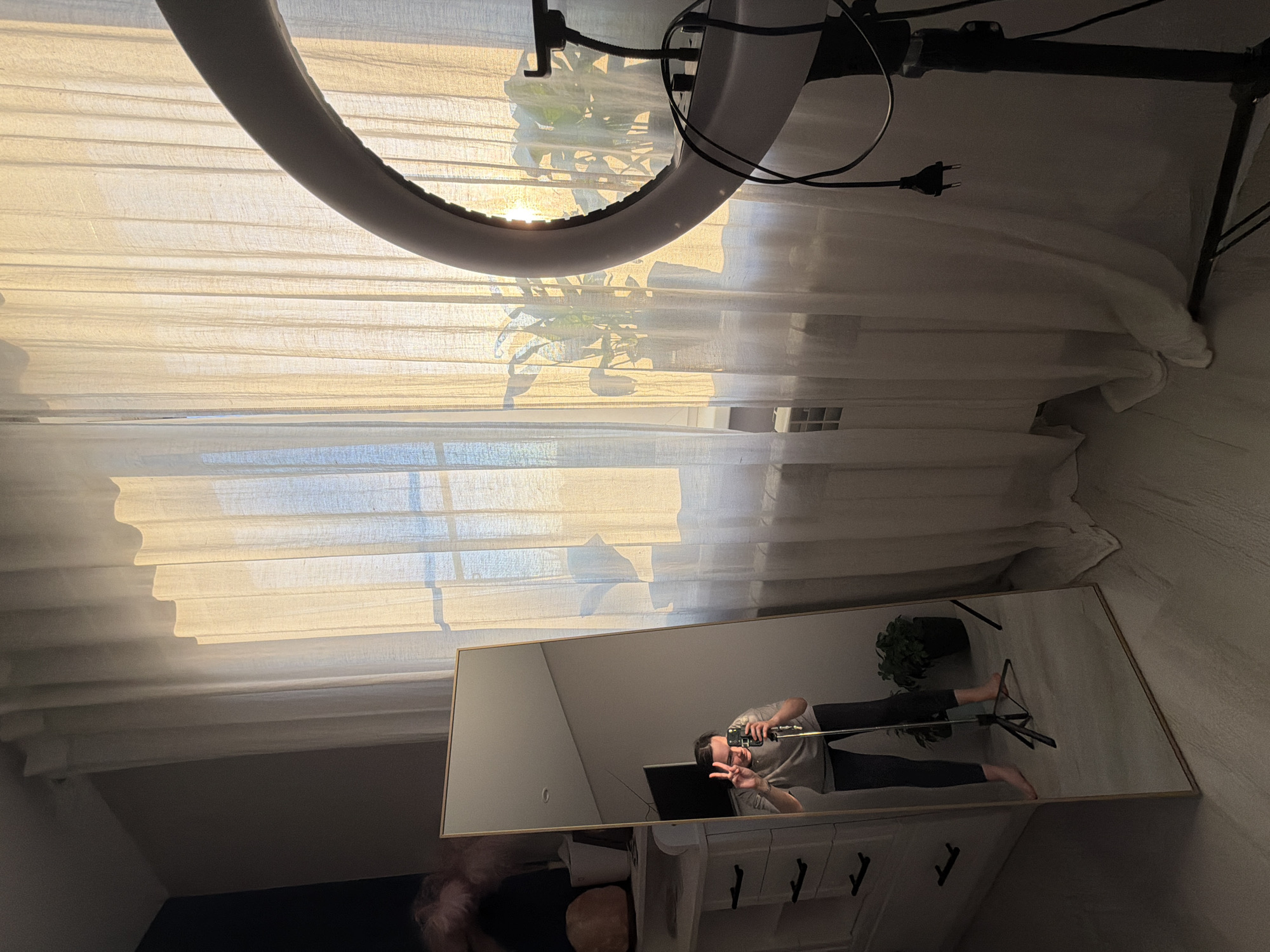 The image depicts an indoor scene in Chaikovsky, Russia. A ring light is positioned near a window covered with white curtains, allowing sunlight to filter through. A large rectangular mirror leans against a white dresser. Reflected in the mirror is a person holding a camera, possibly taking a picture of themselves or the room. A potted plant sits near the edge of the mirror's reflection. The room's decor includes a dark blue wall in the background and a white dresser with black handles. Underneath the dresser is miscellaneous storage.