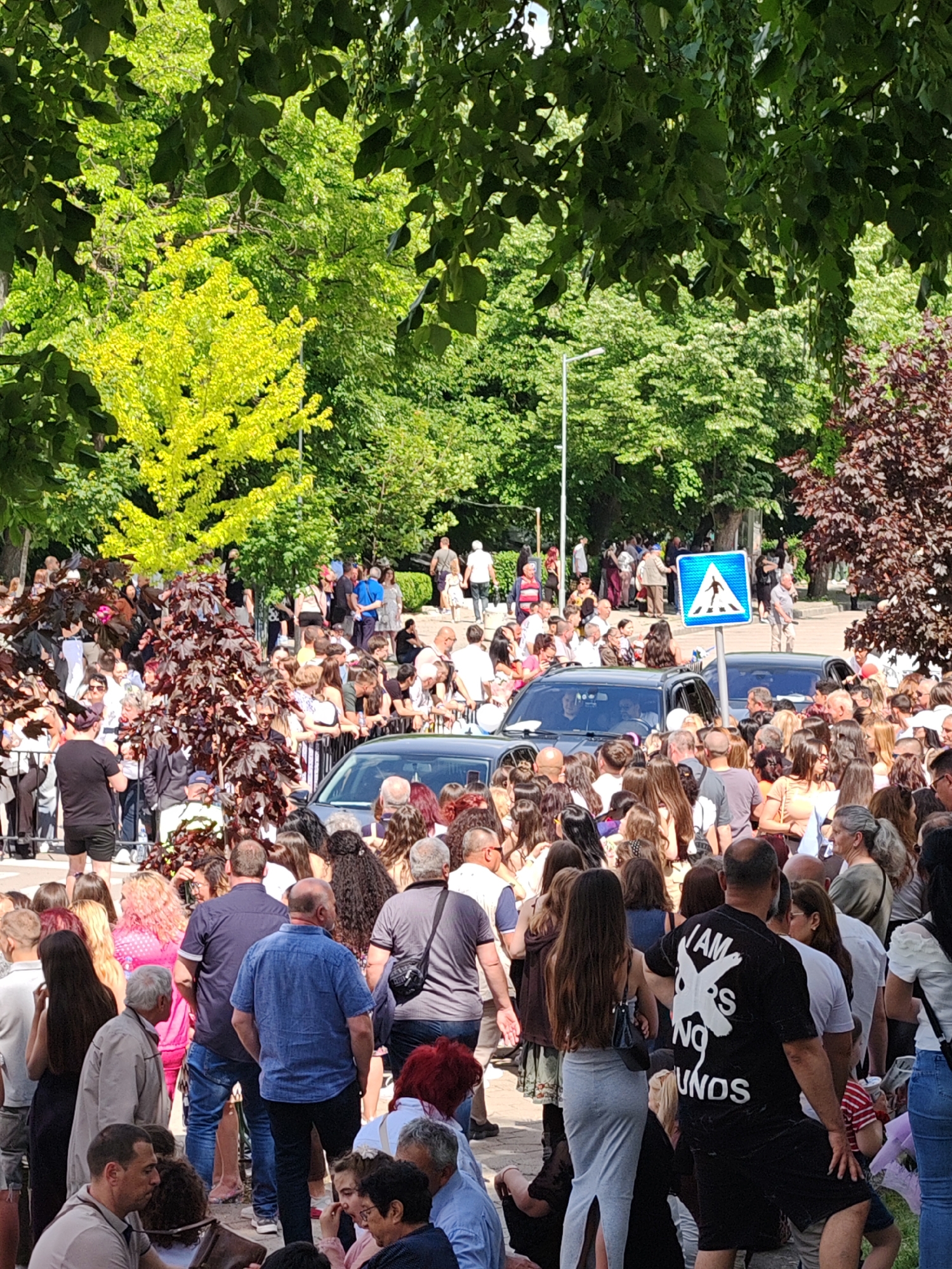 The image shows a dense crowd of people gathered on a street in Shumen, Bulgaria. The crowd is diverse in age and attire. Two dark-colored cars are visible within the crowd, positioned near a pedestrian crossing sign. Trees surround the area, with varied foliage. A barrier is visible in the background, potentially to manage the crowd. A street light is also visible in the background. People are standing and appear to be watching something, though the focal point is not clear.