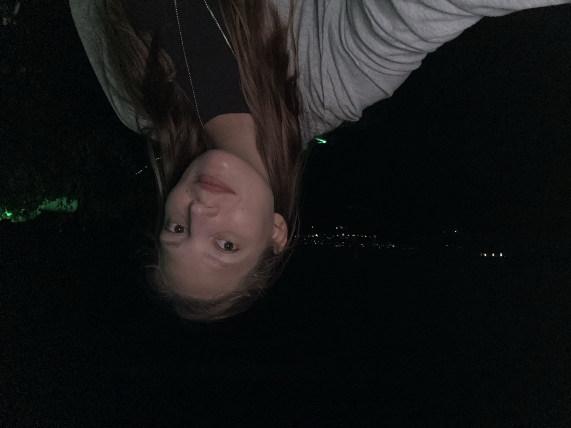 A young woman is taking a selfie at night. She is wearing a grey cardigan over a black t-shirt and a silver necklace. Her hair is long and brown, and she is smiling at the camera. The background is dark, with some distant lights that suggest a city or town. The lights in the distance appear to be in the direction of Krayevsko-Armyanskoye, Russia. There is some foliage visible on the right side of the image, illuminated by a green light. The overall impression is that of a casual, personal moment captured outdoors at night.