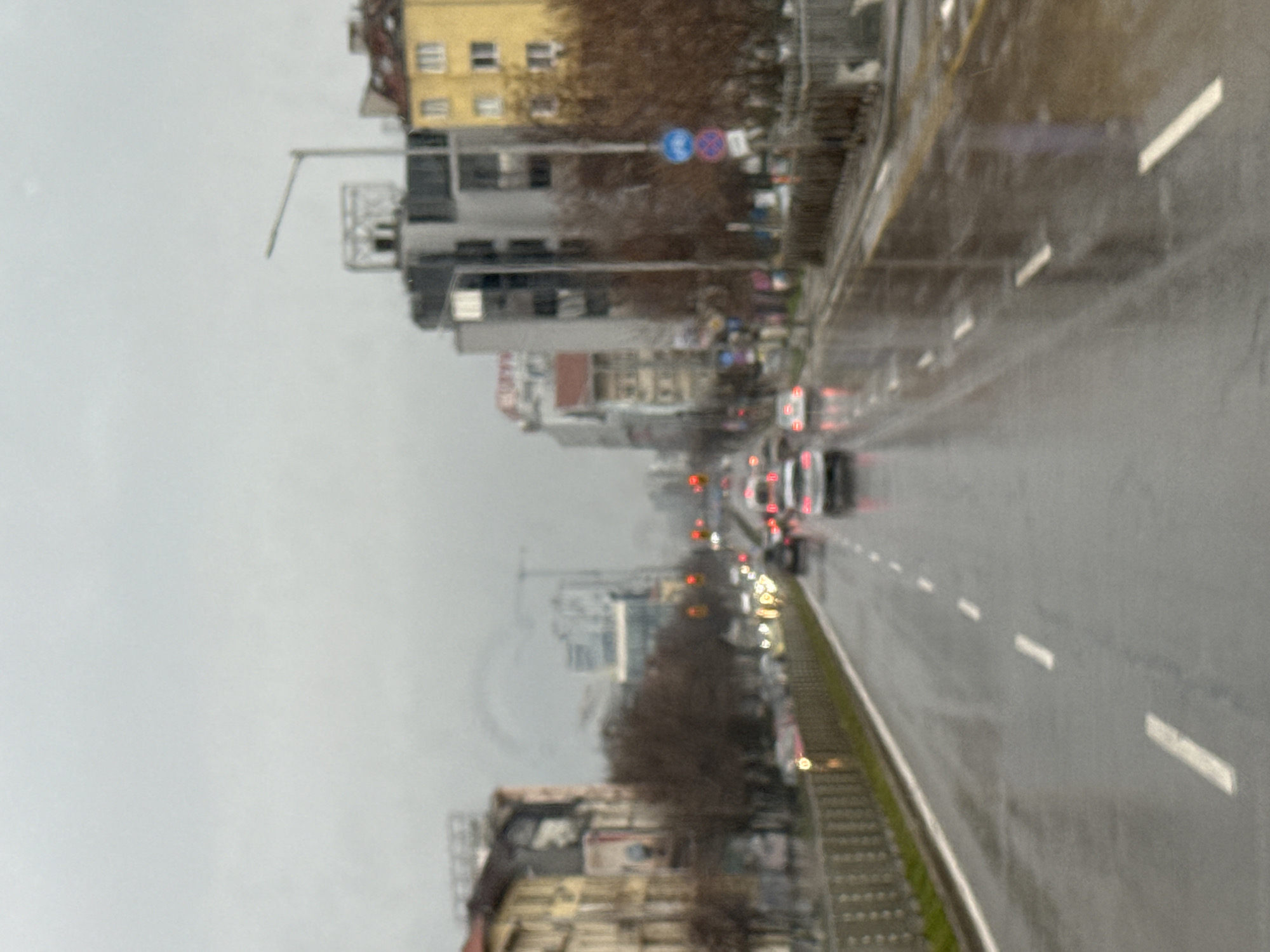 The image depicts a rainy day in Sofia, Bulgaria, with a view looking down a wet street lined with buildings and trees. Several cars are visible on the road, their tail lights illuminated, indicating moderate traffic. The street has multiple lanes marked by white dashed lines. The environment appears overcast and dreary. Buildings of varying heights and architectural styles line the street. In the upper-left portion of the image, road signs are visible.