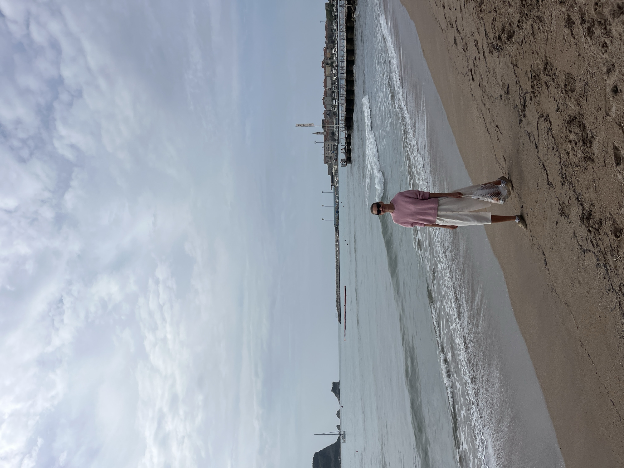 A person stands on the sandy beach in Budva, Montenegro, facing the sea. The individual is wearing a pink sweater and white pants, and holding a net bag. The beach is to the person's right, and the sea is to the person's left. The sea has gentle waves coming to shore. In the distance, there is a small boat and a rock formation protruding from the water. Further in the background is the city of Budva, with buildings and a pier visible. The sky is overcast with clouds.