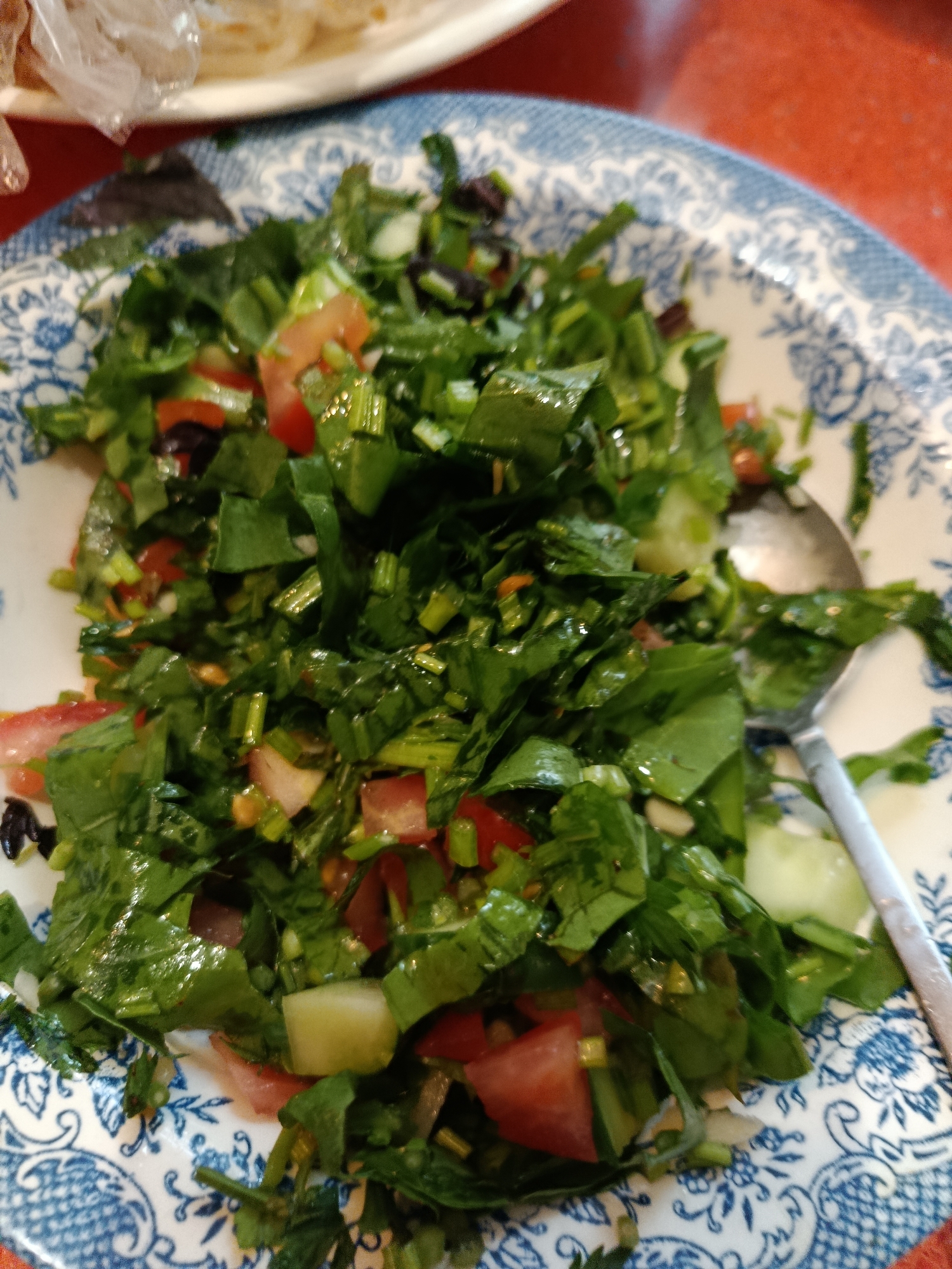 A close-up, overhead shot shows a bowl of fresh salad placed on a red table. The salad is made up of finely chopped green leafy vegetables, tomatoes, and cucumbers. A spoon is partially visible on the right side of the bowl, suggesting that the salad is about to be eaten. The bowl has a blue and white floral pattern around its rim. In the background, out of focus, is a plate of food covered with plastic wrap, as well as a small portion of the red table. There are no people visible in the image.