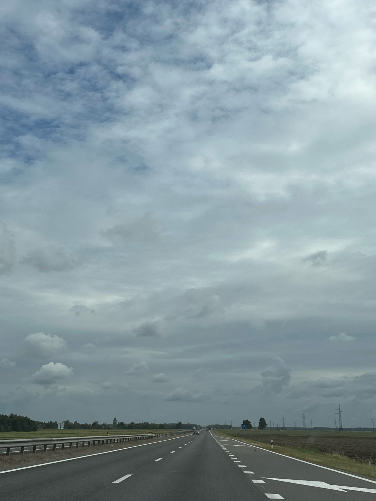 The image depicts a perspective view of a divided highway with a gray, overcast sky filling the upper portion of the frame. The highway stretches into the distance, with white lane markings clearly visible. A metal guardrail separates the lanes of travel. To the left of the highway, a grassy field is bordered by a line of trees. In the distance, various structures can be seen, including what appear to be buildings and power lines. The overall scene suggests a rural or exurban setting, possibly in the Ясенскі сельскі Савет, Belarus, given the context. There are no visible people or animals in the image. The lighting is diffused due to the cloud cover.
