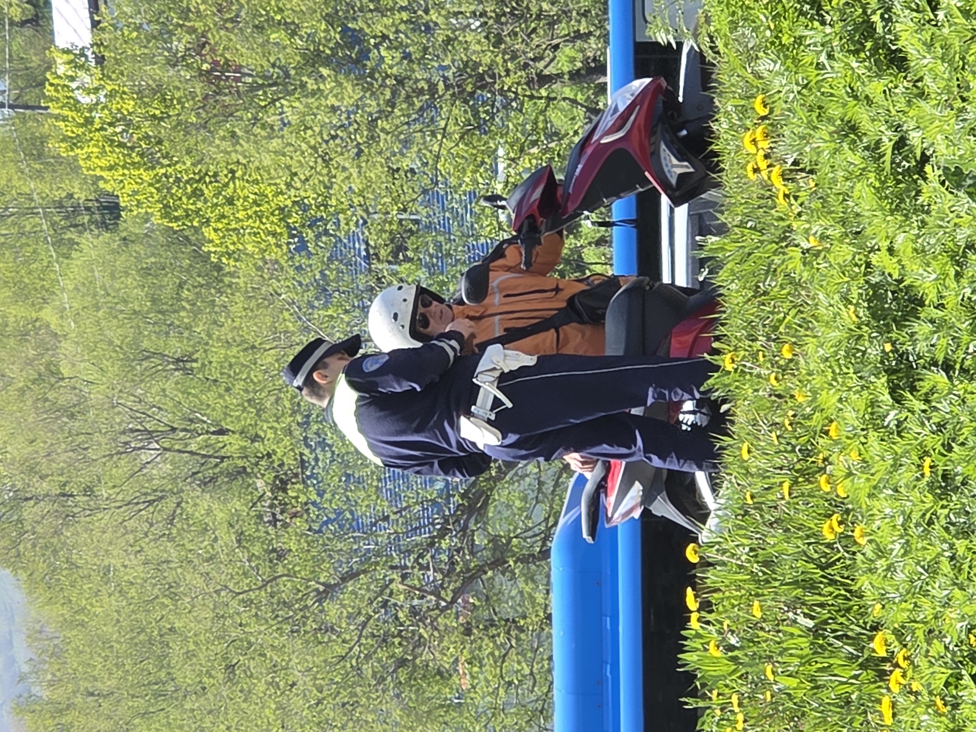In a scene of likely routine law enforcement, a police officer in uniform stands near a parked red scooter, engaging in what appears to be a conversation or issuing a citation to a person wearing a white helmet and an orange jacket, also near the scooter. The setting is an outdoor environment with lush green foliage, including a field of yellow wildflowers in the foreground. A large blue structure is visible behind the individuals and the scooter, possibly a vehicle or a building feature. The background is dominated by a dense canopy of green trees, suggesting a rural or park-like area within the city of Unknown, Unknown. The lighting indicates a bright, sunny day.