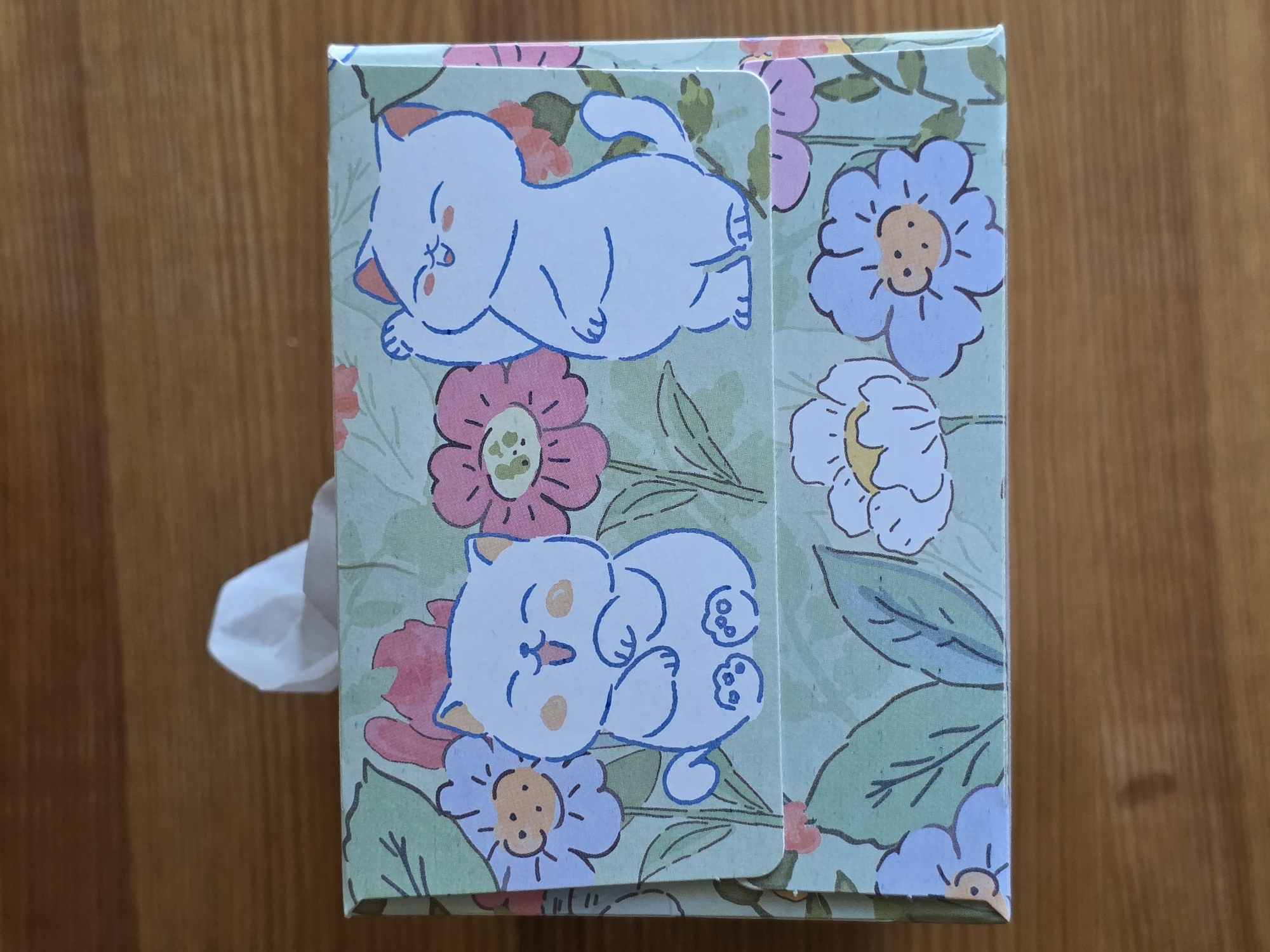 This is a top-down image of a tissue box with a cute, whimsical design. The box is covered in a light green background with a pattern of stylized flowers in shades of pink, blue, and white, interspersed with green leaves and stems. Two white cartoon cats are featured prominently on the top of the box. The cat on the top is lying on its back with its paws up and its eyes closed, appearing to be sleeping peacefully. The cat below it is also sleeping, curled up on its side with its eyes closed and a serene expression. The cats have simple blue outlines and small orange details for their ears and cheeks. The overall aesthetic is soft, playful, and comforting. A white tissue is partially emerging from the left side of the box, indicating its function. The box is placed on a wooden surface with a visible grain pattern, suggesting it is on a table or desk. There is no visible text in the image. The lighting appears to be natural and soft, suggesting it could be daytime. The scene is domestic and everyday, likely in a home or office setting.
