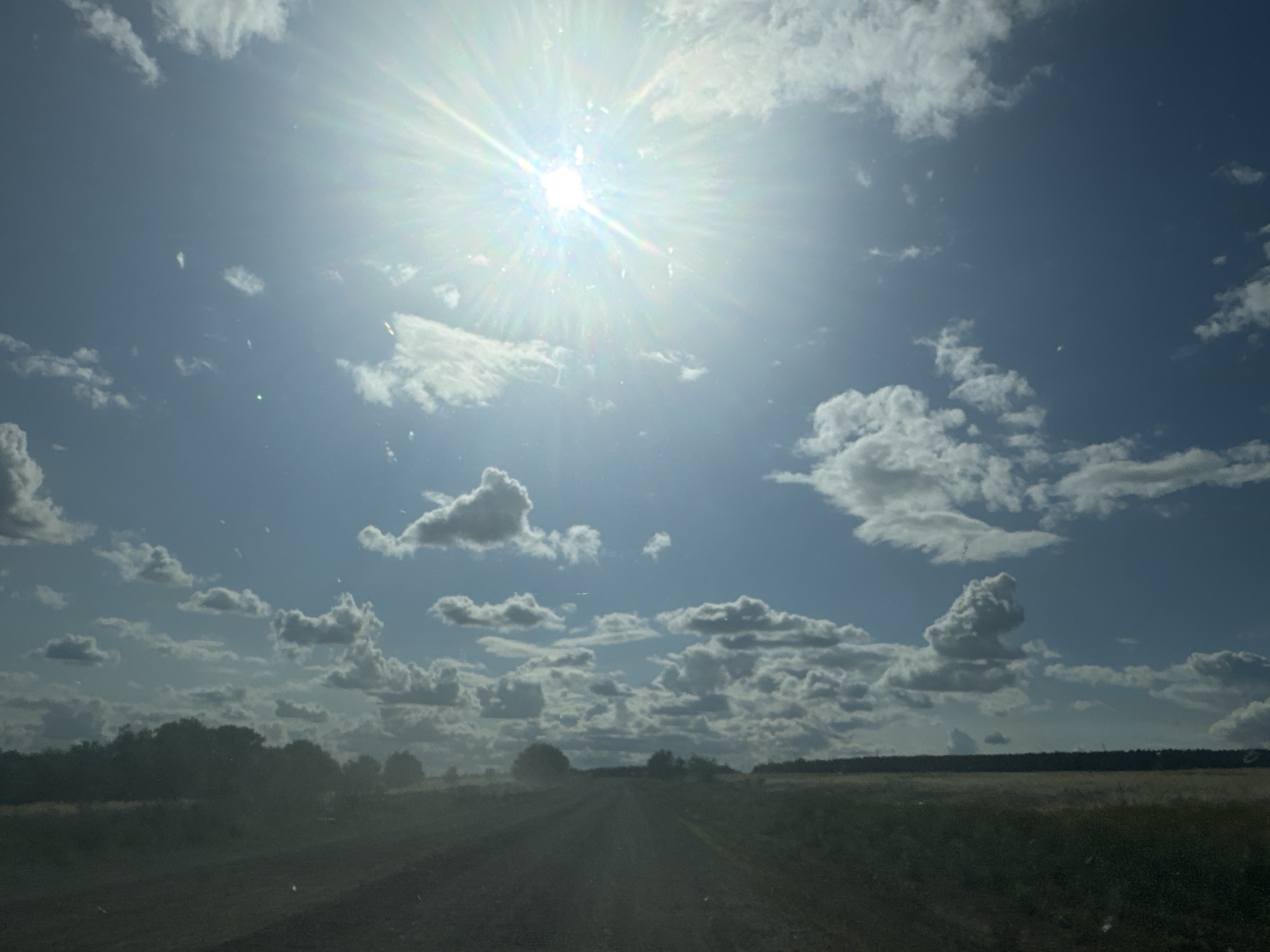 The image depicts a bright, sunny sky with scattered white clouds. The sun is prominently featured, casting a strong glare with visible rays. Below the sky, there is a dark, rural landscape. A dirt road or track extends into the distance, flanked by fields of dry grass or vegetation. A line of dark trees forms a horizon in the background, with the sky visible above it. The overall scene suggests an outdoor, natural environment, possibly a rural road in or around Васильевка, Russia. There are no people or specific actions visible in the image.