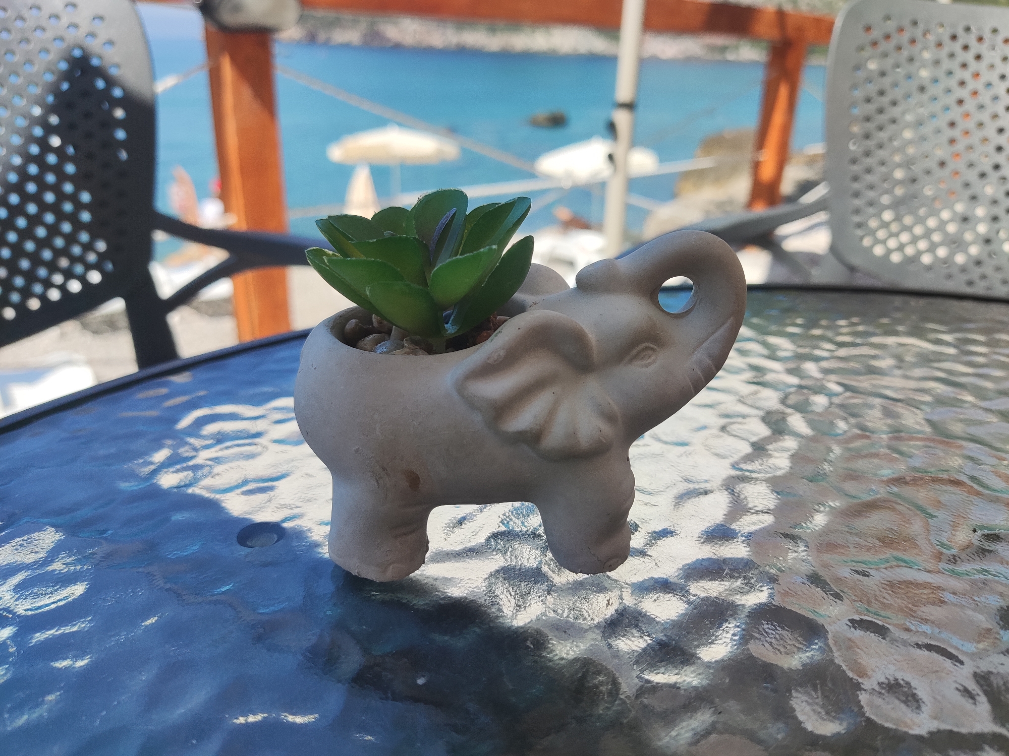 An elephant-shaped planter containing a small succulent plant sits on a reflective glass-topped table. The table is outdoors, indicated by the blurred background which shows a body of water, possibly the Adriatic Sea, and beach umbrellas. A dark-colored chair with a perforated design is partially visible to the left of the planter, and another similar chair is to the right. The scene appears to be set at a cafe or restaurant along the coast in Sutomore, Montenegro, given the context of the sea and outdoor seating. The lighting suggests it is daytime, with sunlight reflecting off the table and water.