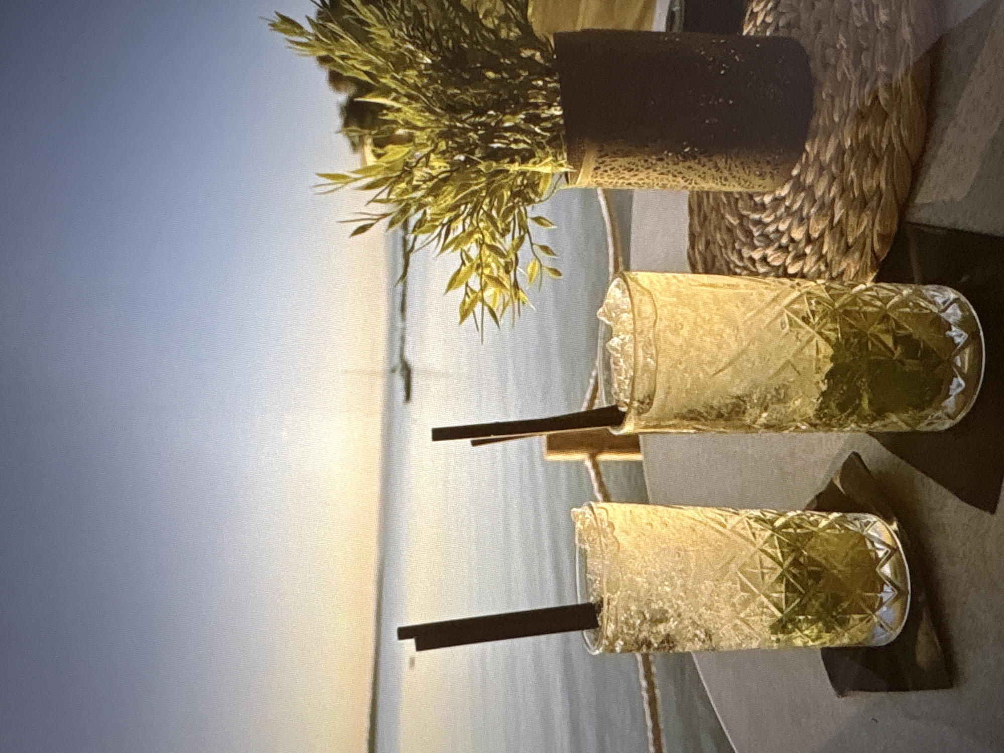 The image depicts two glasses of a light-colored beverage, likely cocktails, filled with ice and garnished with dark straws and what appears to be mint. The glasses are made of patterned glass and are positioned on a dark coaster and a woven placemat. In the foreground, there is a decorative plant with green foliage in a textured brown pot. The background shows a blurred body of water, possibly the sea, with a faint horizon line under a clear sky. The lighting suggests it is late afternoon or early evening, with a warm glow on the water. The image's orientation is such that the water and sky are to the right, and the drinks and plant are to the left. There is no indication of the city of Pori, Finland, within the image itself.